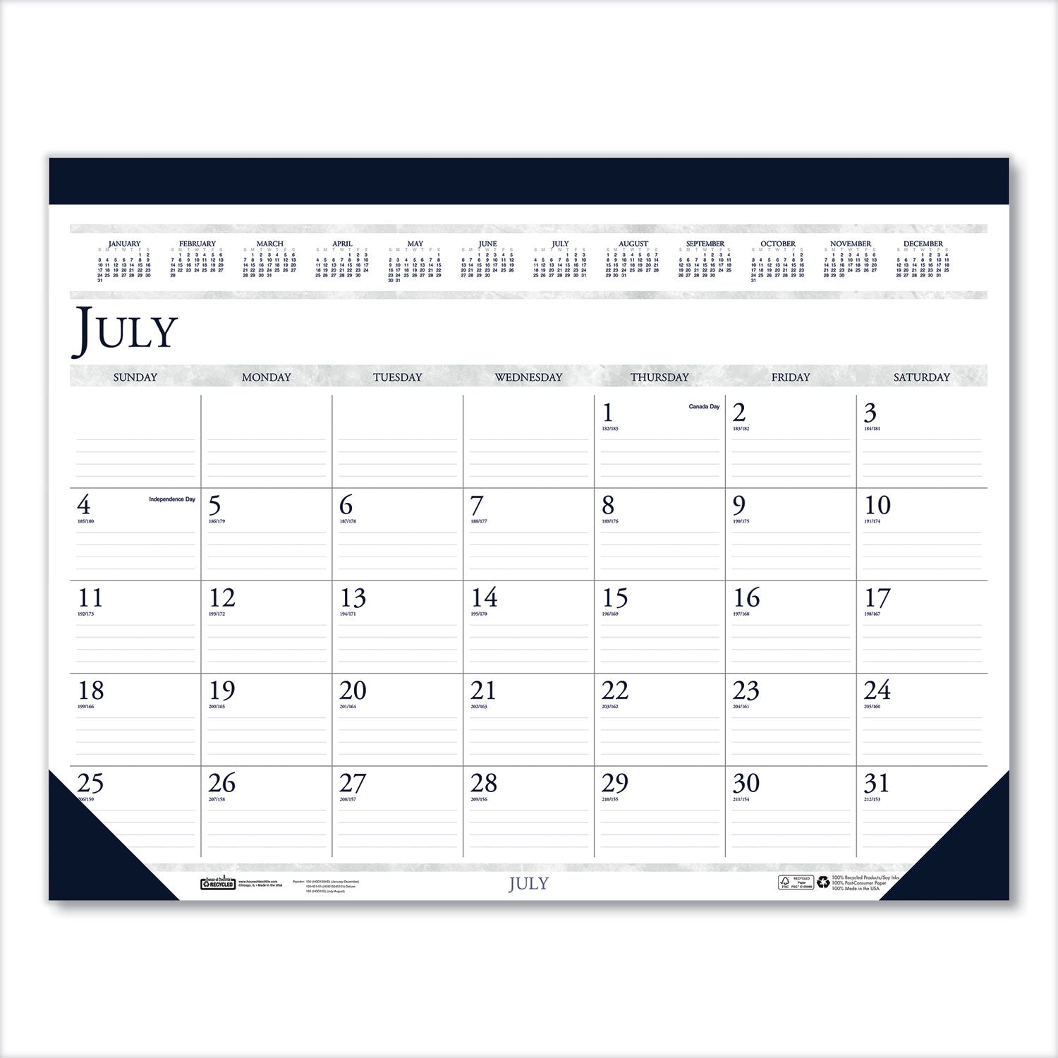 Recycled Academic Desk Pad Calendar, 22 x 17, White/Blue Sheets, Blue Binding/Corners, 14-Month (July to Aug): 2023 to 2024 - 