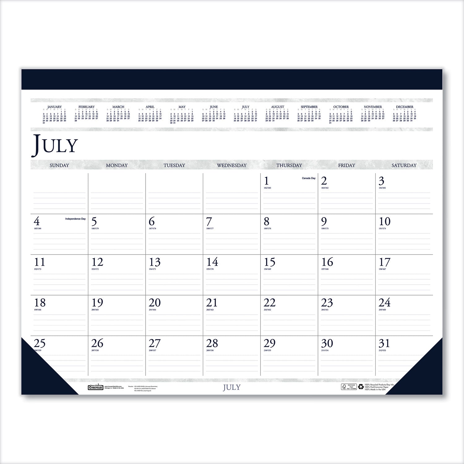 recycled-academic-desk-pad-calendar-185-x-13-white-blue-sheets-blue-binding-corners-14-month-july-to-aug-2023-to-2024_hod1556 - 1