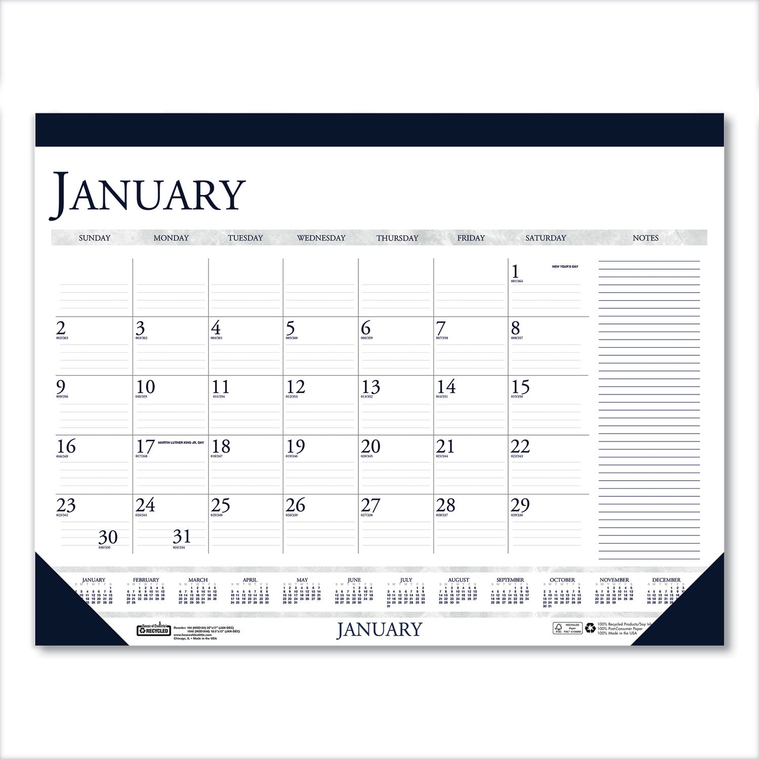 recycled-two-color-monthly-desk-pad-calendar-with-notes-section-185-x-13-blue-binding-corners-12-month-jan-dec-2024_hod1646 - 1