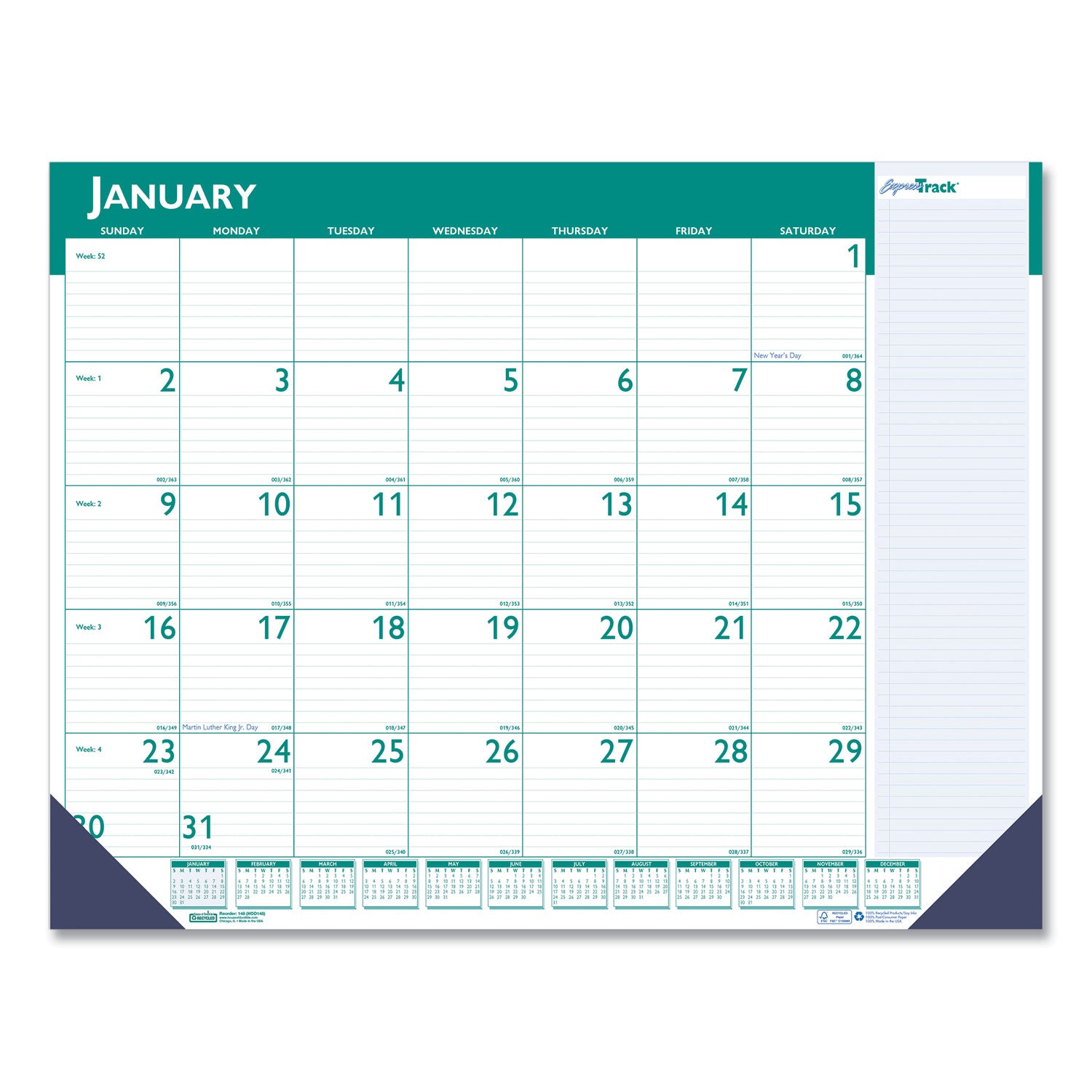express-track-monthly-desk-pad-calendar-22-x-17-white-teal-sheets-teal-binding-blue-corners-13-monthjan-jan-2024-2025_hod148 - 1