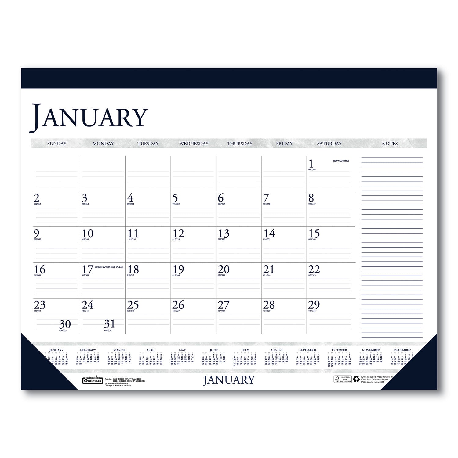Recycled Two-Color Monthly Desk Pad Calendar with Notes Section, 22 x 17, Blue Binding/Corners, 12-Month (Jan-Dec): 2024 - 