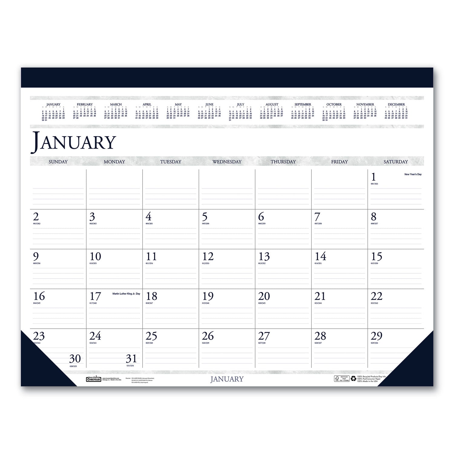 recycled-two-color-perforated-monthly-desk-pad-calendar-22-x-17-blue-binding-corners-12-month-jan-dec-2024_hod150hd - 1