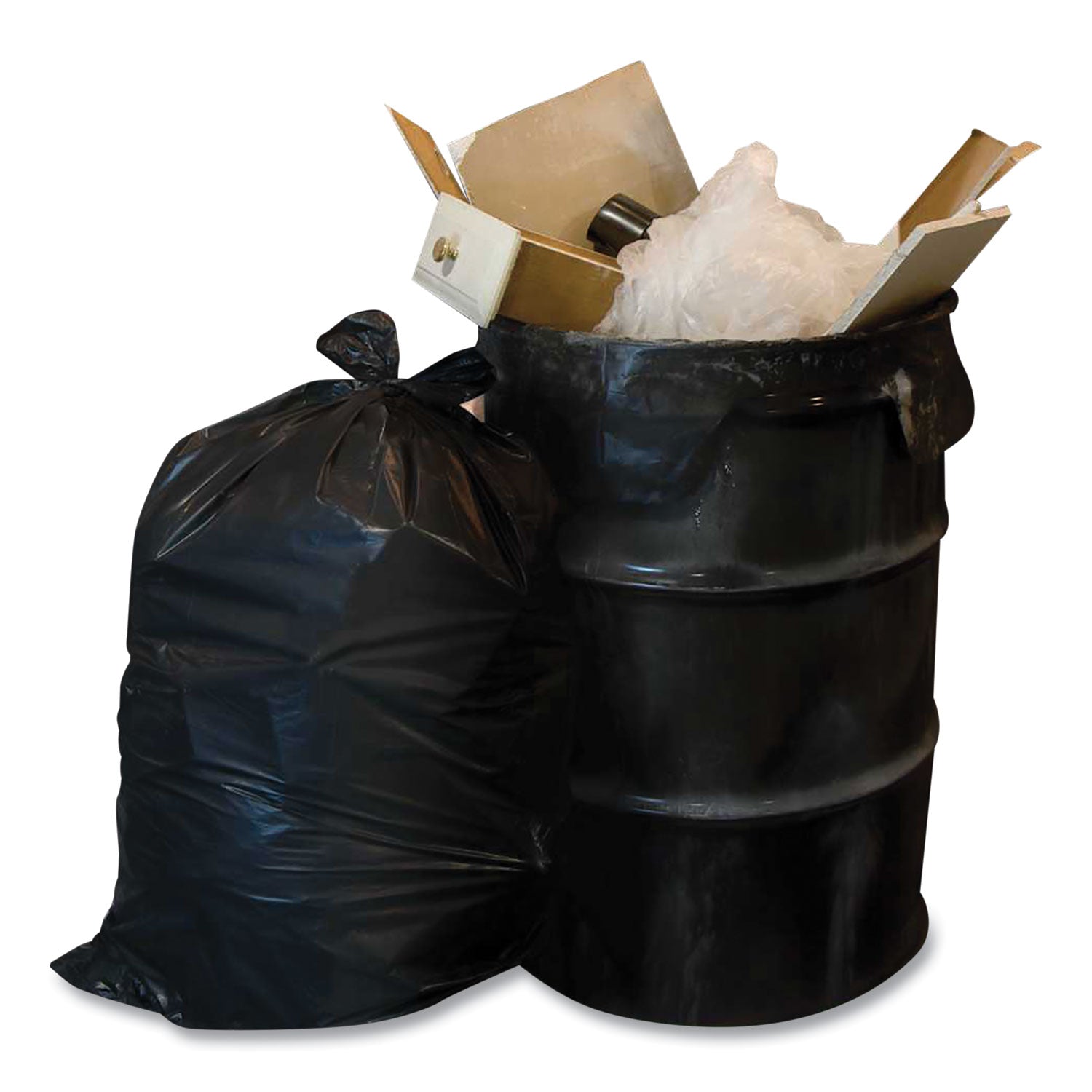 Heavy-Duty Low-Density Wing Tie Contractor Bags, 42 gal, 3 mil, 32.75 x 45.13, Black, 20 Bags/Roll, 4 Rolls/Carton