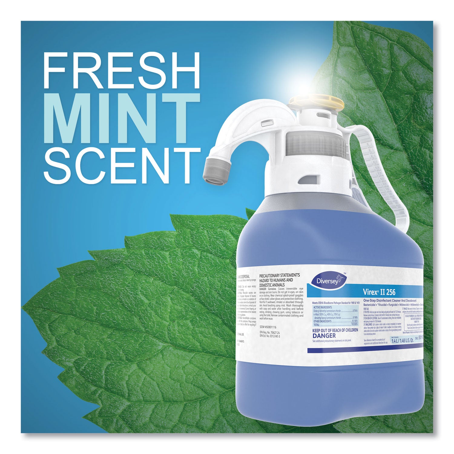 Virex II 256 One-Step Disinfectant Cleaner Deodorant, Mint, 1.4L, 2 Bottles/CT