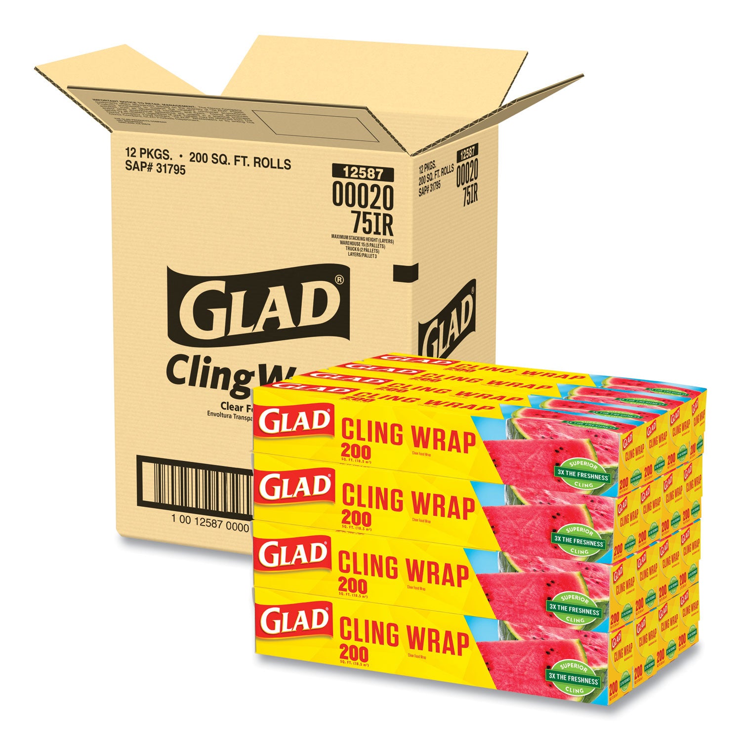 ClingWrap Plastic Wrap, 200 Square Foot Roll, Clear, 12 Rolls/Carton - 