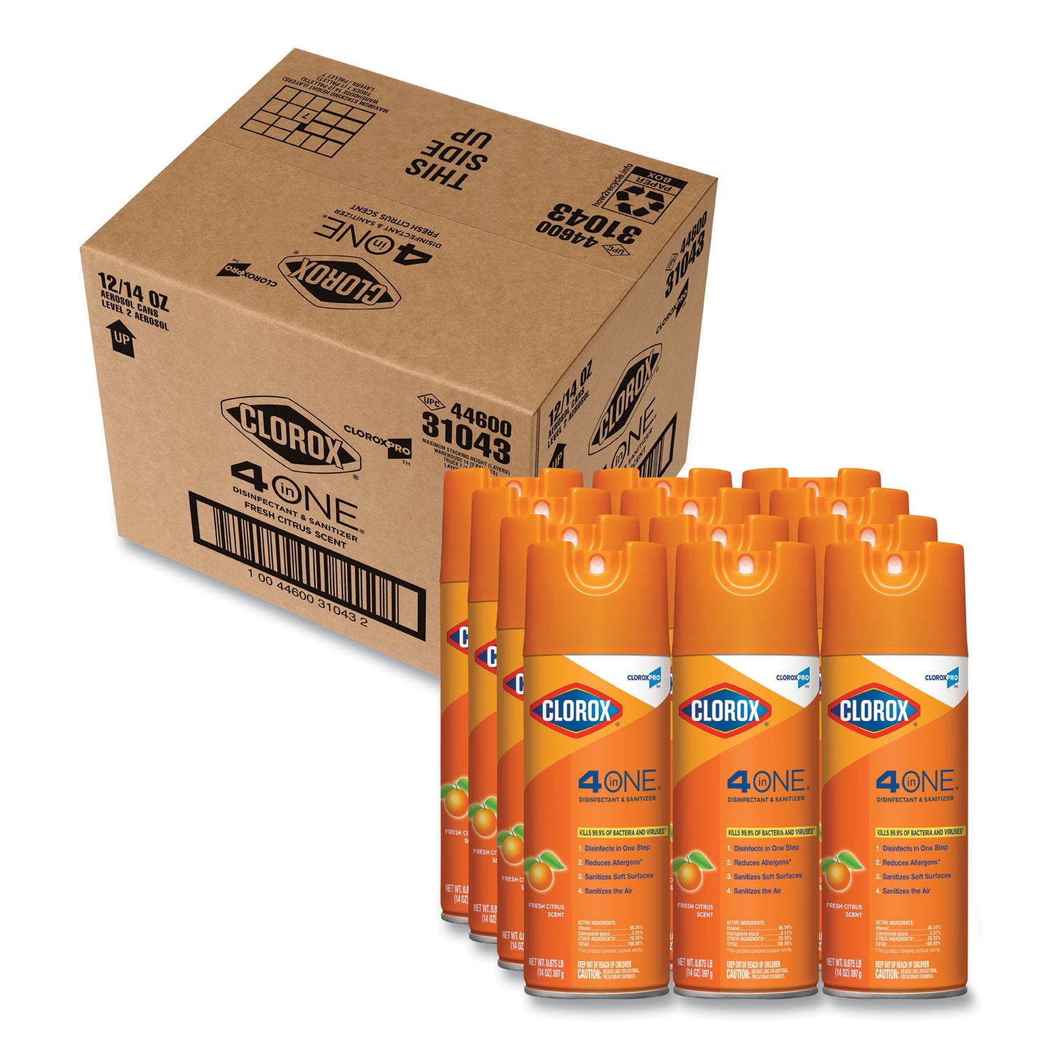 4-in-One Disinfectant and Sanitizer, Citrus, 14 oz Aerosol Spray, 12/Carton - 