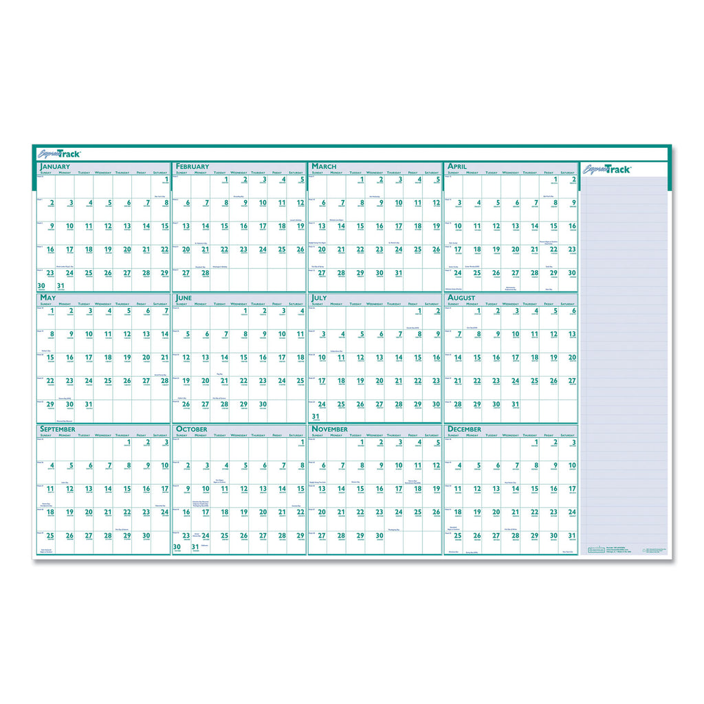 Express Track Recycled Reversible/Erasable Yearly Wall Calendar, 24 x 37, White/Teal Sheets, 12-Month (Jan to Dec): 2024