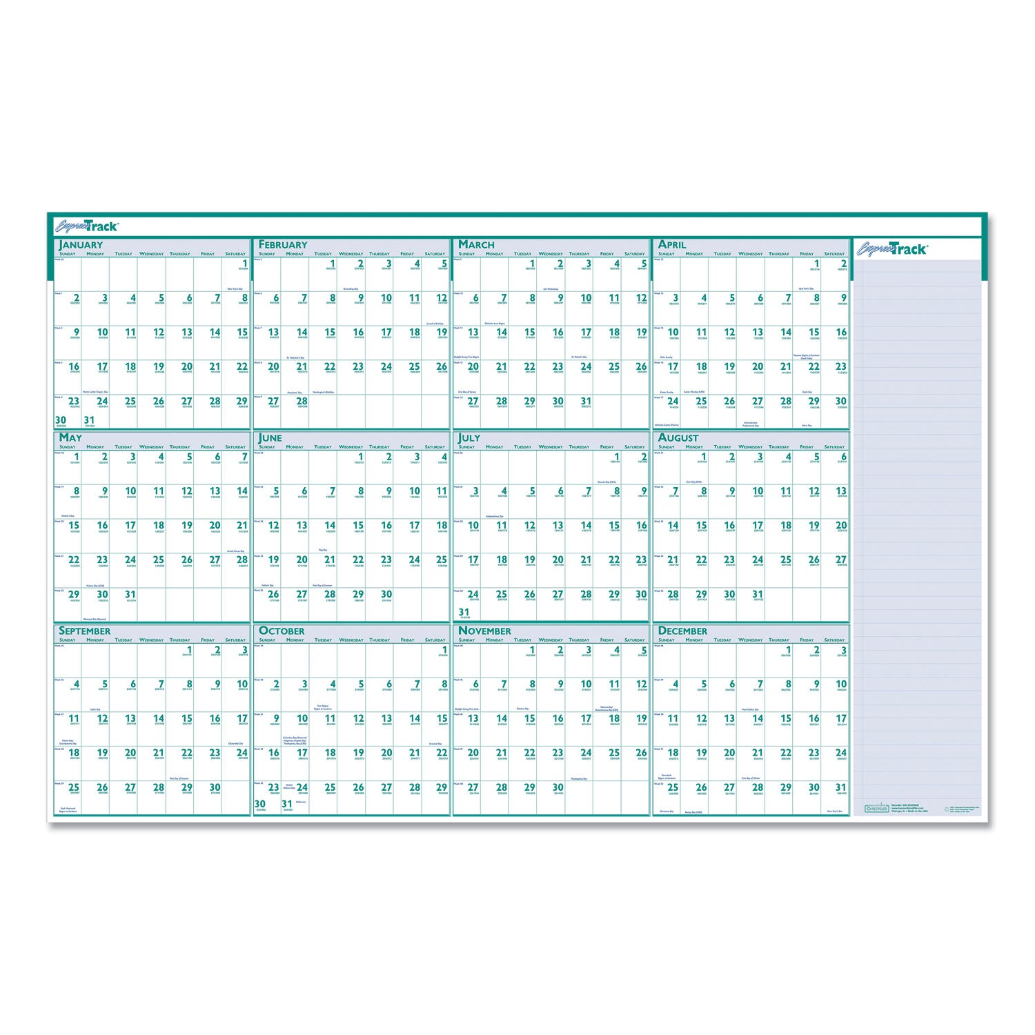 express-track-recycled-reversible-erasable-yearly-wall-calendar-24-x-37-white-teal-sheets-12-month-jan-to-dec-2024_hod392 - 3