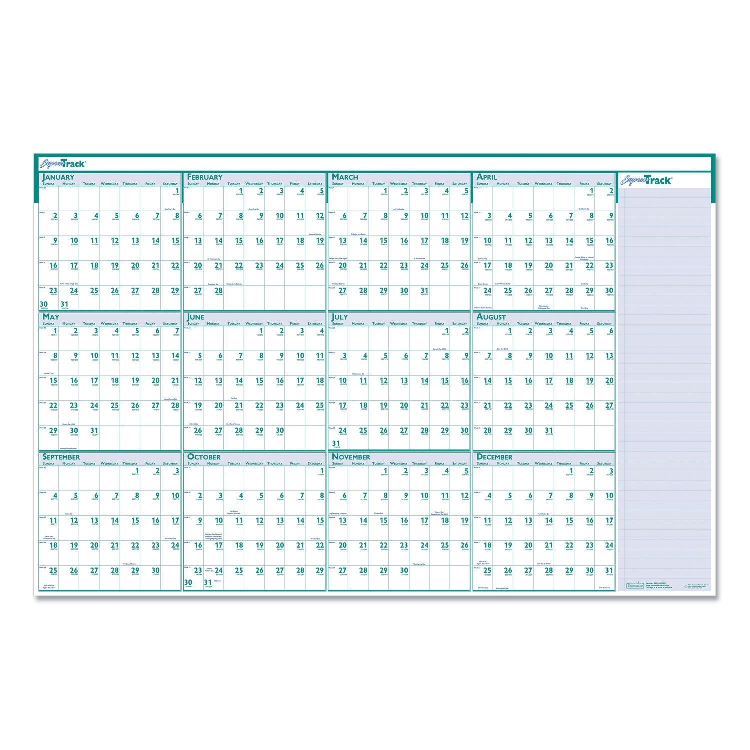 Express Track Recycled Reversible/Erasable Yearly Wall Calendar, 24 x 37, White/Teal Sheets, 12-Month (Jan to Dec): 2024