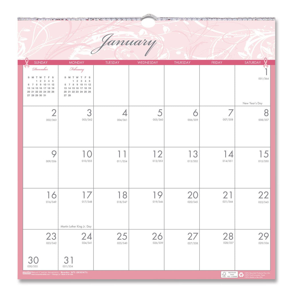 Recycled Monthly Wall Calendar, Breast Cancer Awareness Artwork, 12 x 12, White/Pink/Gray Sheets, 12-Month (Jan-Dec): 2024