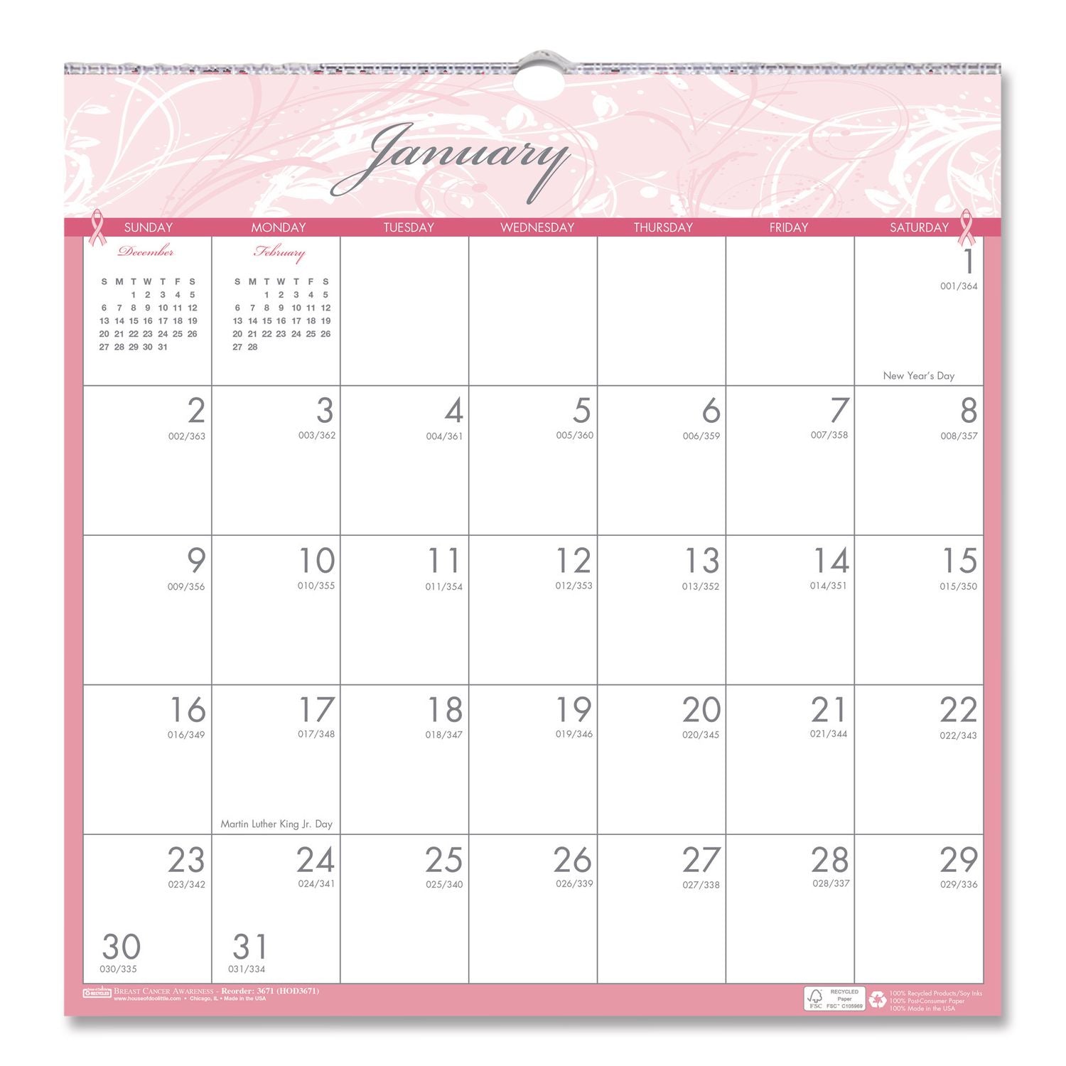 Recycled Monthly Wall Calendar, Breast Cancer Awareness Artwork, 12 x 12, White/Pink/Gray Sheets, 12-Month (Jan-Dec): 2024