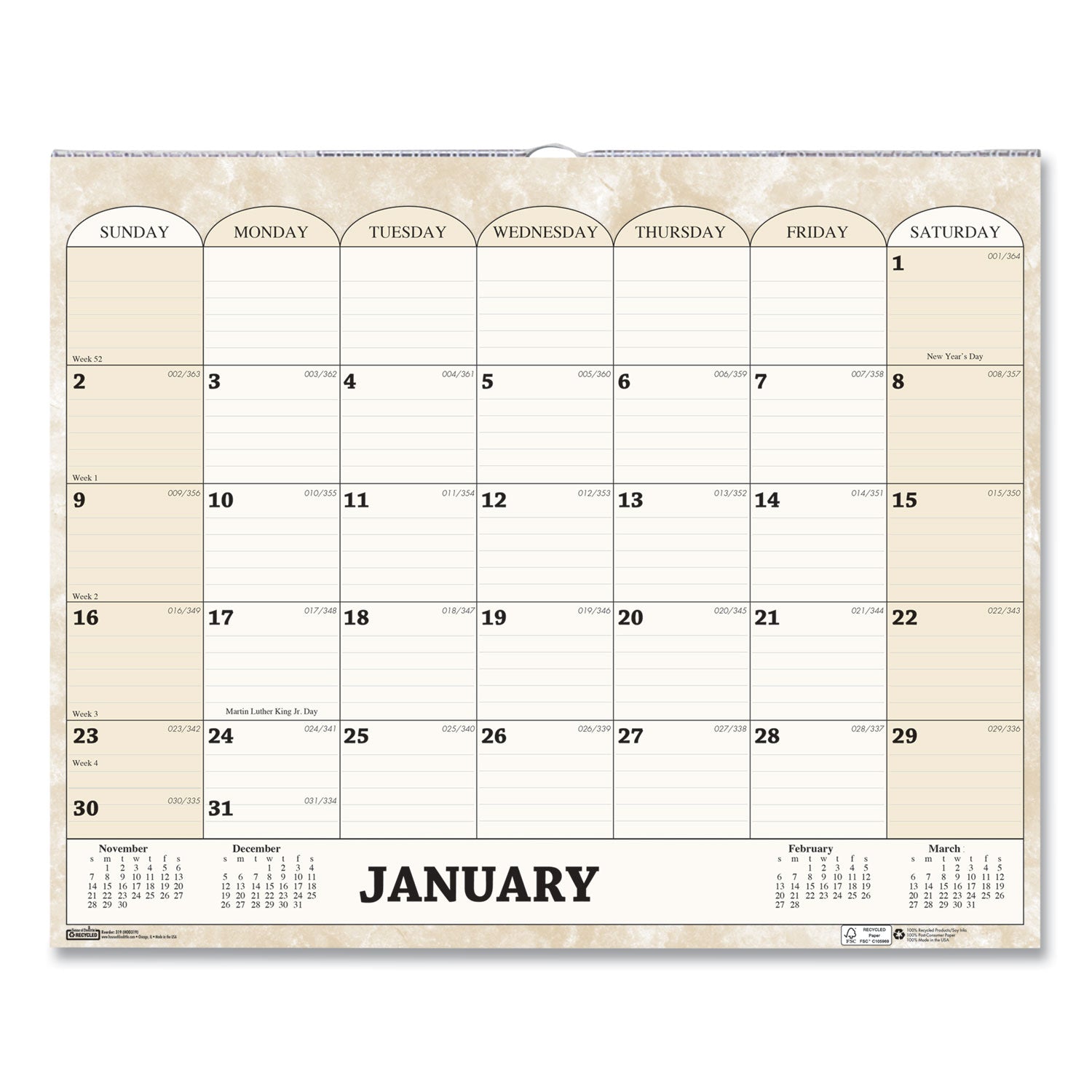Recycled Monthly Horizontal Wall Calendar, Marble Stone Artwork, 14.88 x 12, White/Sand Sheets, 12-Month (Jan to Dec): 2024 - 