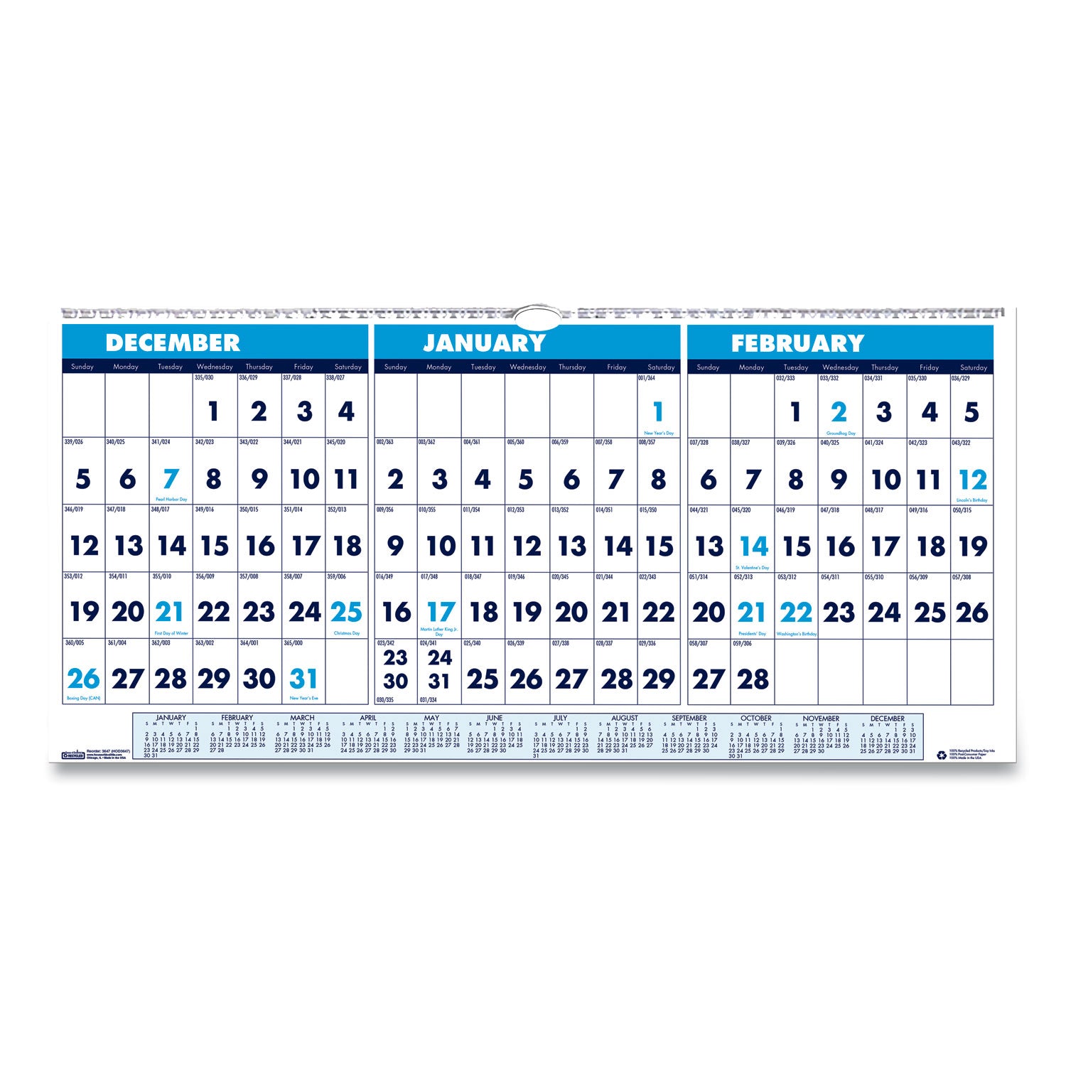 Recycled Three-Month Format Wall Calendar, Horizontal Orientation, 23.5 x 12, White Sheets, 14-Month (Dec-Jan): 2023-2025 - 