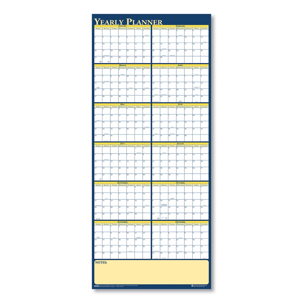 Recycled Reversible Yearly Wall Planner, 60 x 26, White/Blue/Yellow Sheets, 12-Month (Jan to Dec): 2024
