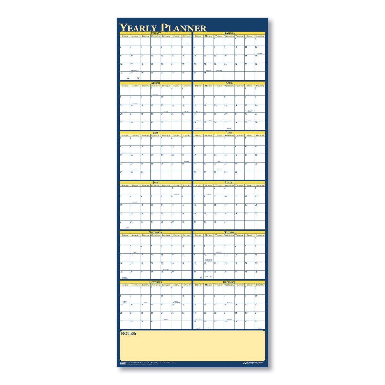 Recycled Reversible Yearly Wall Planner, 60 x 26, White/Blue/Yellow Sheets, 12-Month (Jan to Dec): 2024