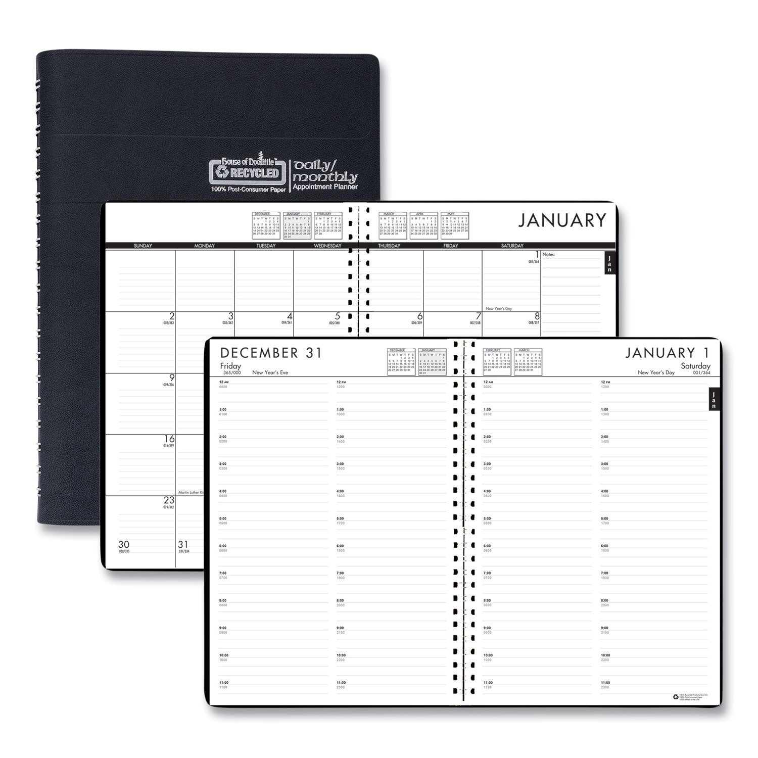 24/7 Recycled Daily Appointment Book/Monthly Planner, 10 x 7, Black Cover, 12-Month (Jan to Dec): 2024 - 