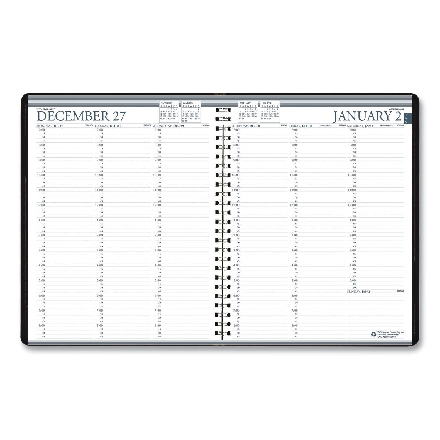 Recycled Professional Weekly Planner, 15-Minute Appts, 11 x 8.5, Black Wirebound Soft Cover, 24-Month (Jan-Dec): 2024-2025 - 