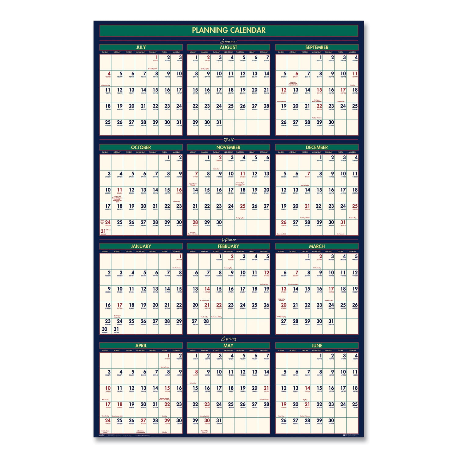 Four Season Erasable Business/Academic Recycled Wall Calendar, 24 x 37, 12-Month(July-June):2023-2024, 12-Month(Jan-Dec):2024