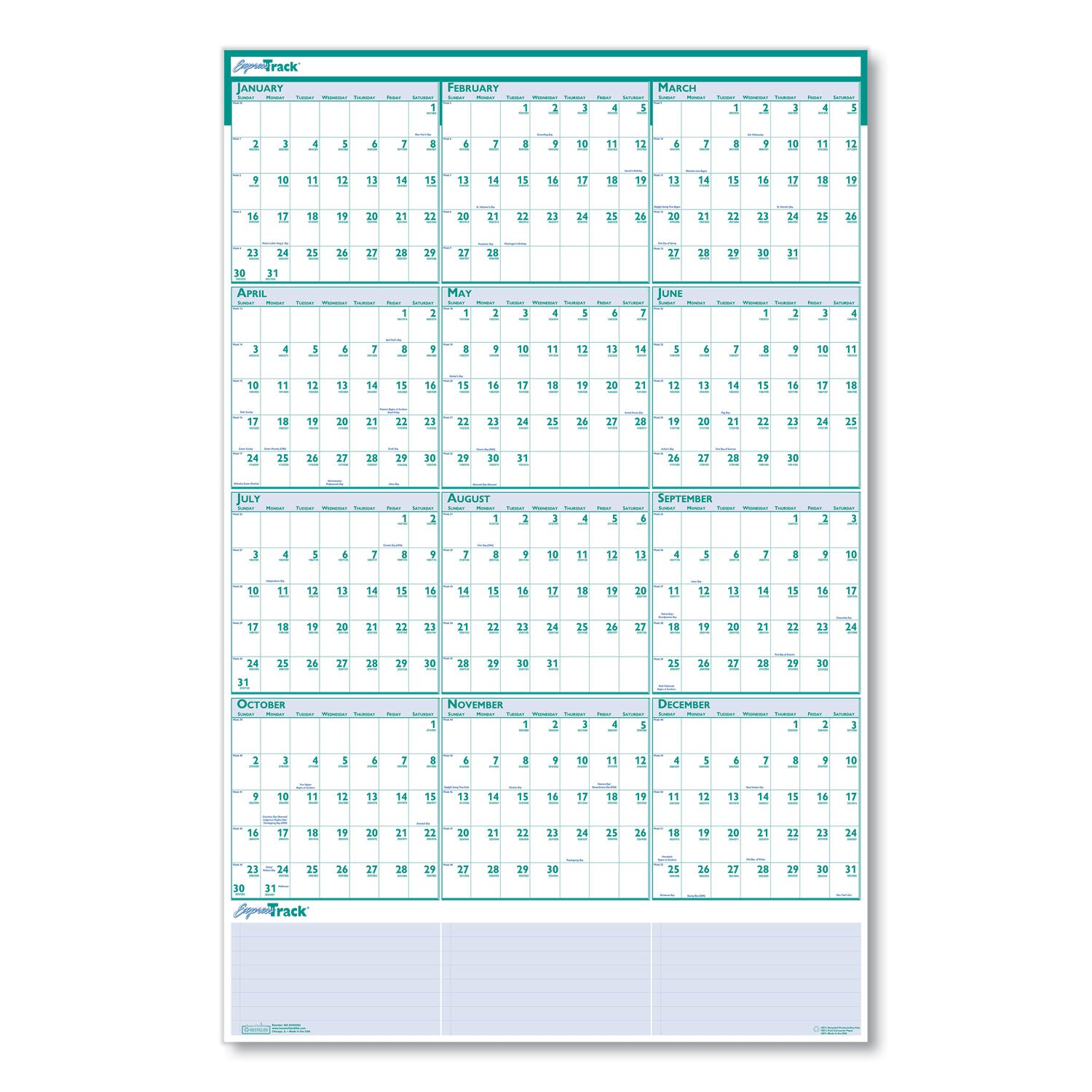 express-track-recycled-reversible-erasable-yearly-wall-calendar-24-x-37-white-teal-sheets-12-month-jan-to-dec-2024_hod392 - 2