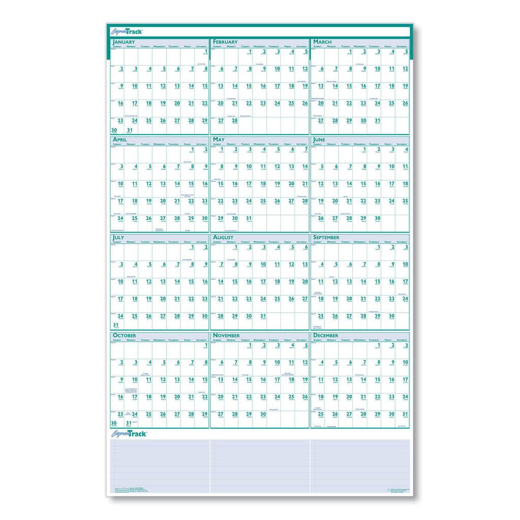 Express Track Recycled Reversible/Erasable Yearly Wall Calendar, 24 x 37, White/Teal Sheets, 12-Month (Jan to Dec): 2024