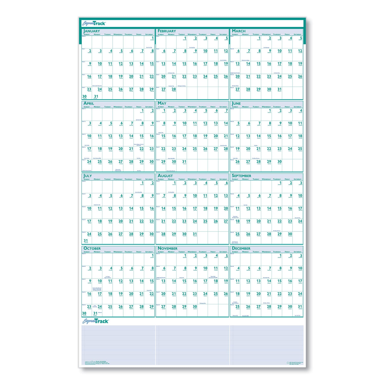 Express Track Recycled Reversible/Erasable Yearly Wall Calendar, 24 x 37, White/Teal Sheets, 12-Month (Jan to Dec): 2024