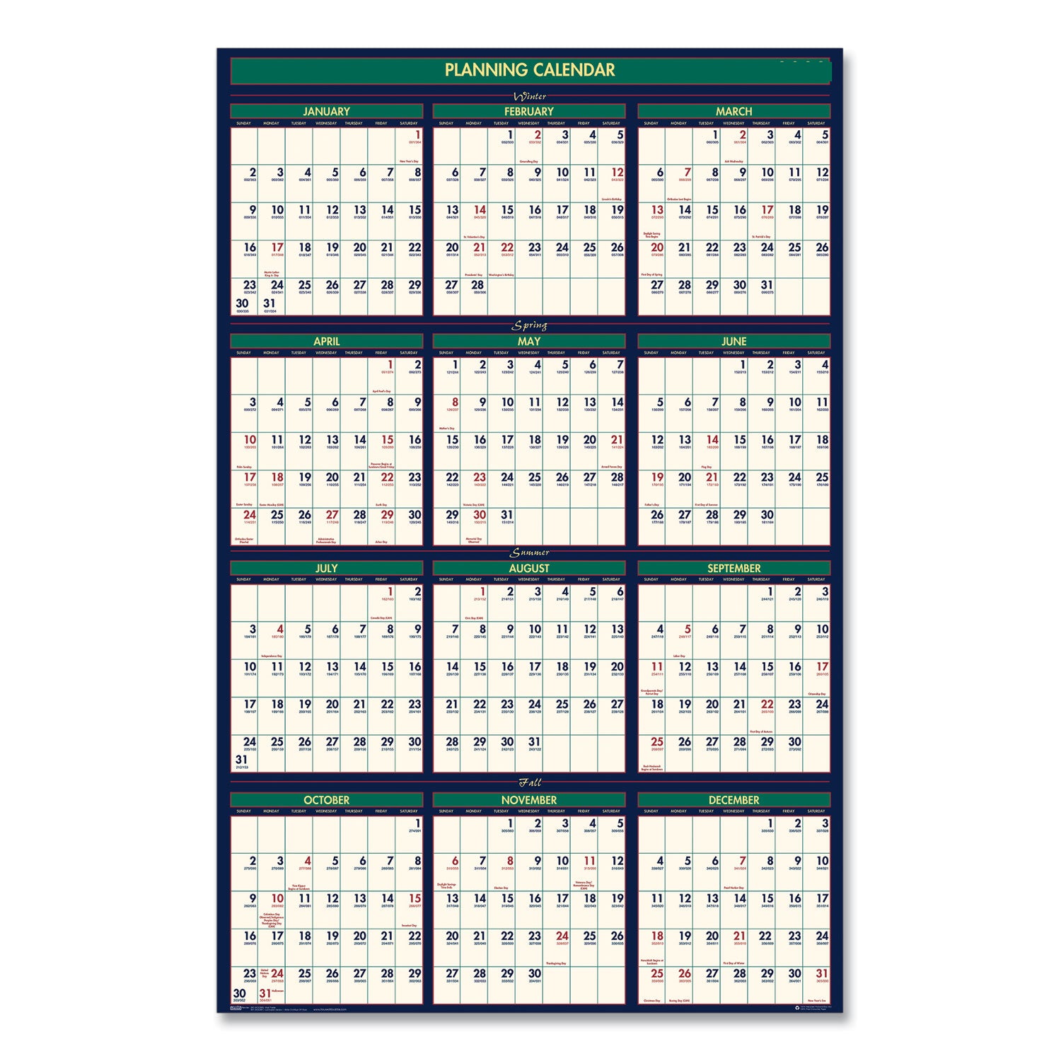 Four Season Erasable Business/Academic Recycled Wall Calendar, 24 x 37, 12-Month(July-June):2023-2024, 12-Month(Jan-Dec):2024
