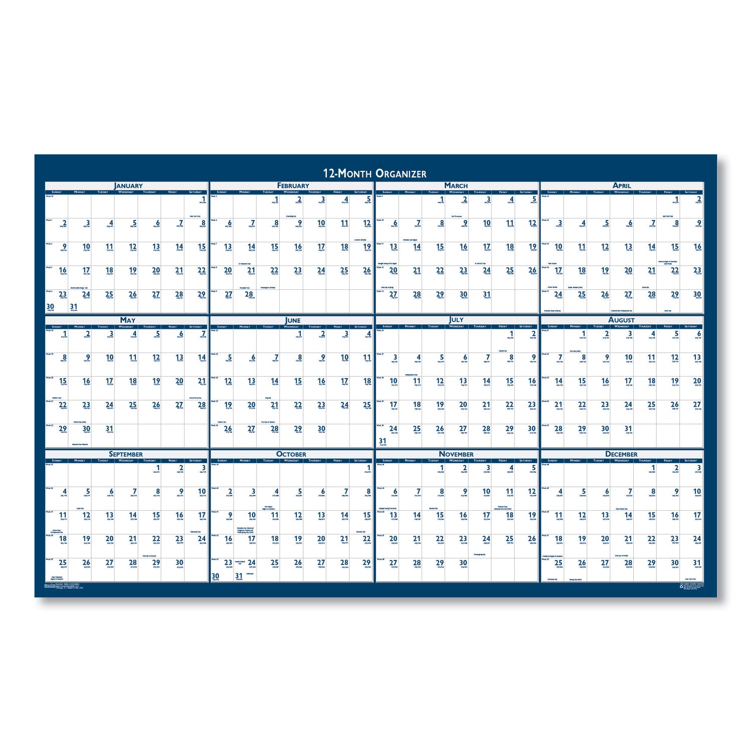 Recycled Poster Style Reversible/Erasable Yearly Wall Calendar, 24 x 37, White/Blue/Gray Sheets, 12-Month (Jan to Dec): 2024