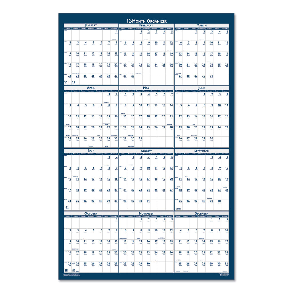 Recycled Poster Style Reversible/Erasable Yearly Wall Calendar, 24 x 37, White/Blue/Gray Sheets, 12-Month (Jan to Dec): 2024