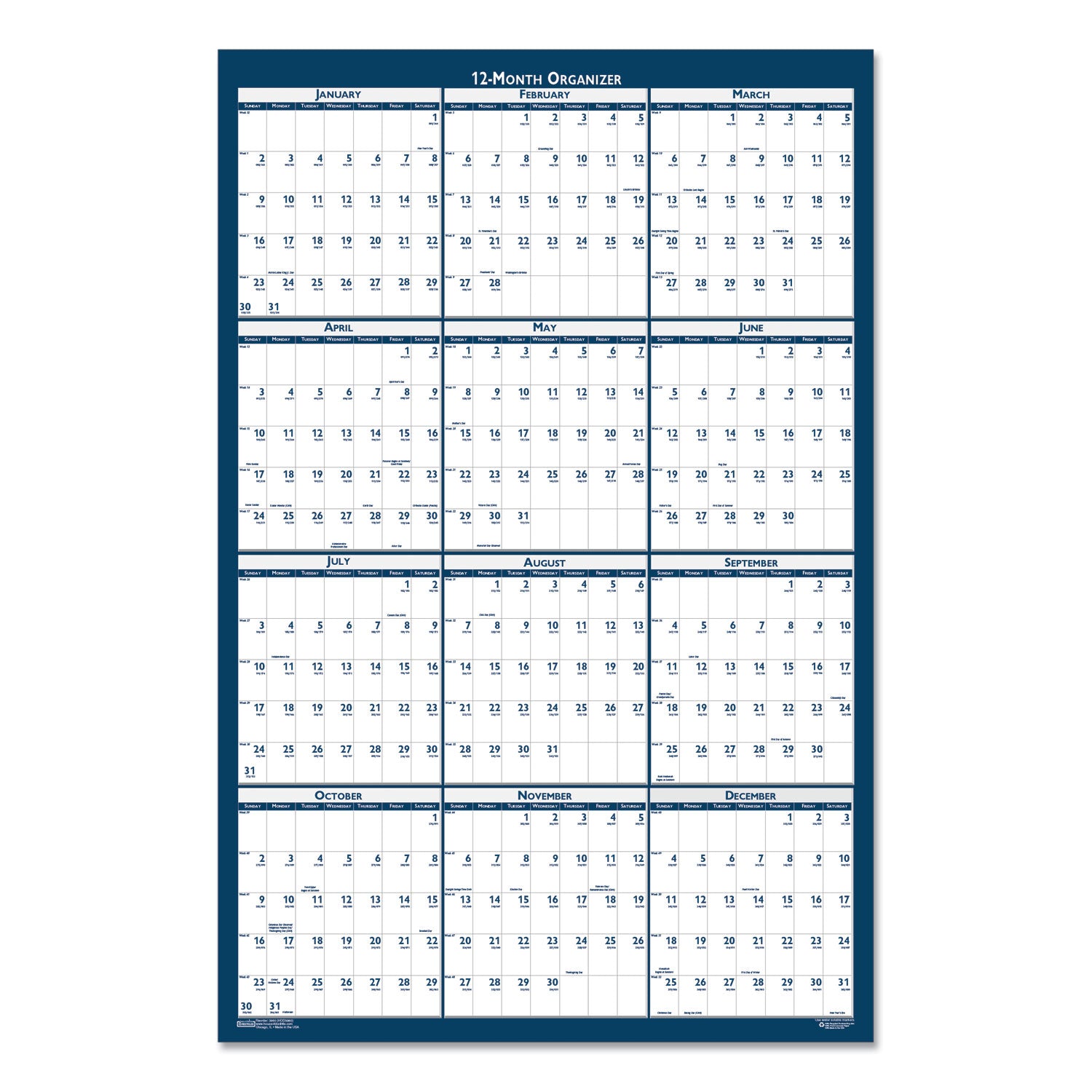 Recycled Poster Style Reversible/Erasable Yearly Wall Calendar, 24 x 37, White/Blue/Gray Sheets, 12-Month (Jan to Dec): 2024
