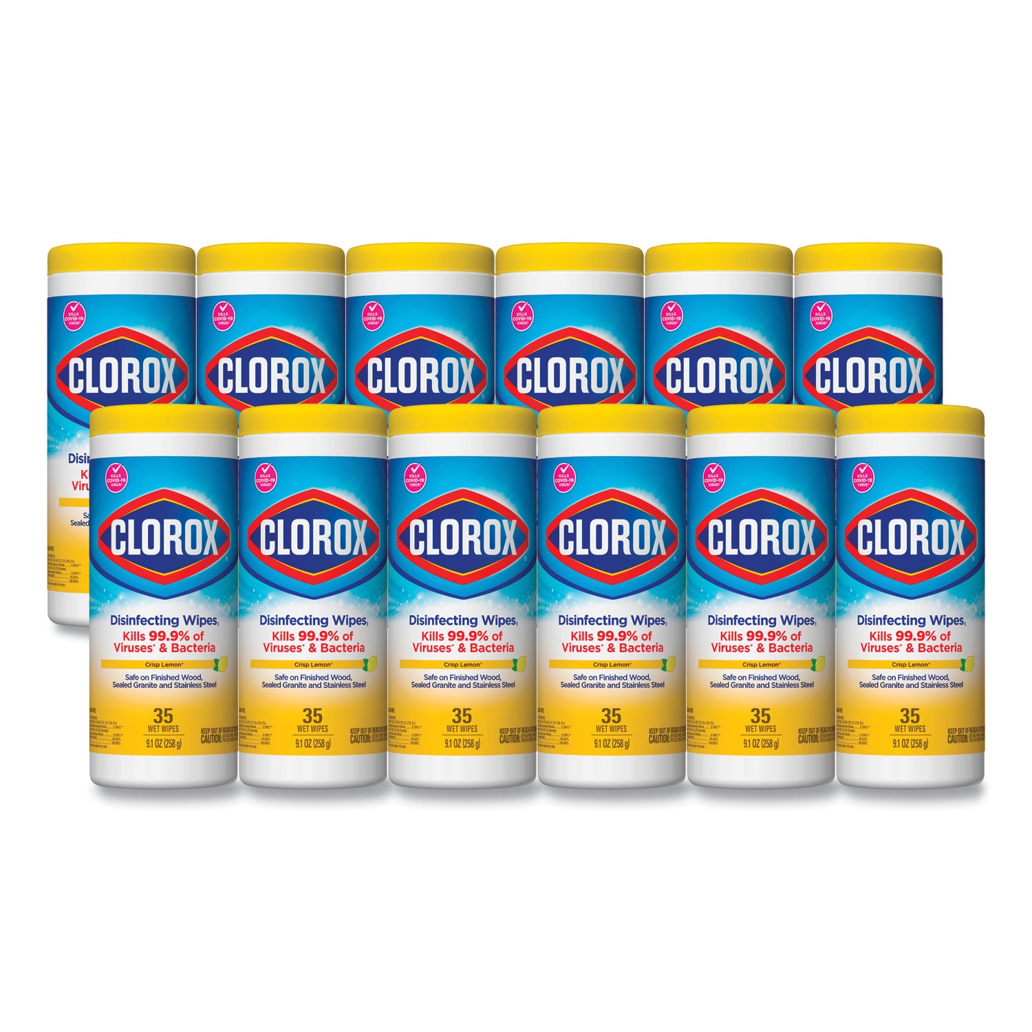 Disinfecting Wipes, 1-Ply, 7 x 8, Crisp Lemon, White, 35/Canister, 12 Canisters/Carton - 