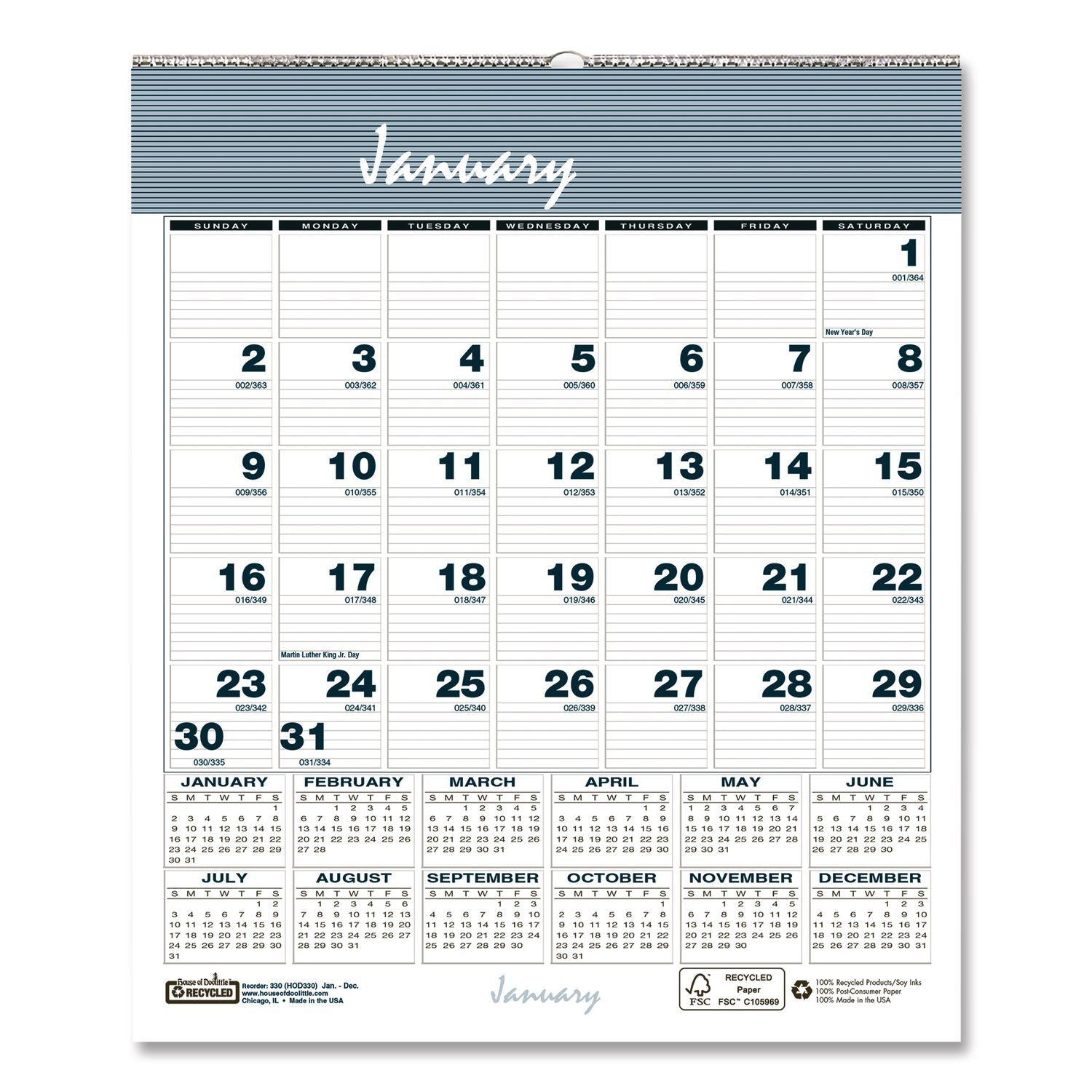 House of Doolittle Bar Harbor Monthly Wall Calendar - Julian Dates - Monthly - 12 Month - January 2024 - December 2024 - 1 Month Single Page Layout - 7" x 6" Sheet Size - Wire Bound - Wedgewood Blue - Reference Calendar, Hanger - 1 Each