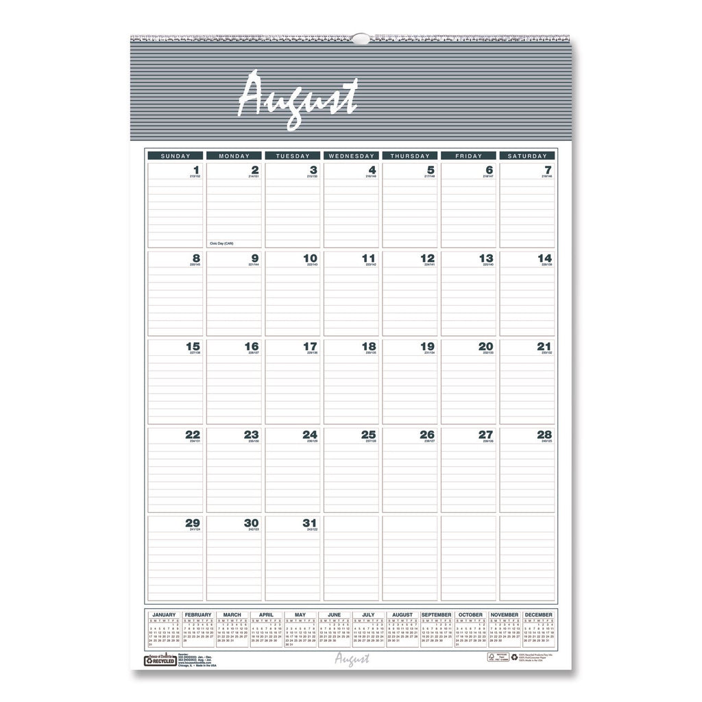 Academic Year Bar Harbor Recycled Wirebound Monthly Wall Calendar, 15.5 x 22, White/Blue Sheets, 12-Month(Aug-July):2023-2024