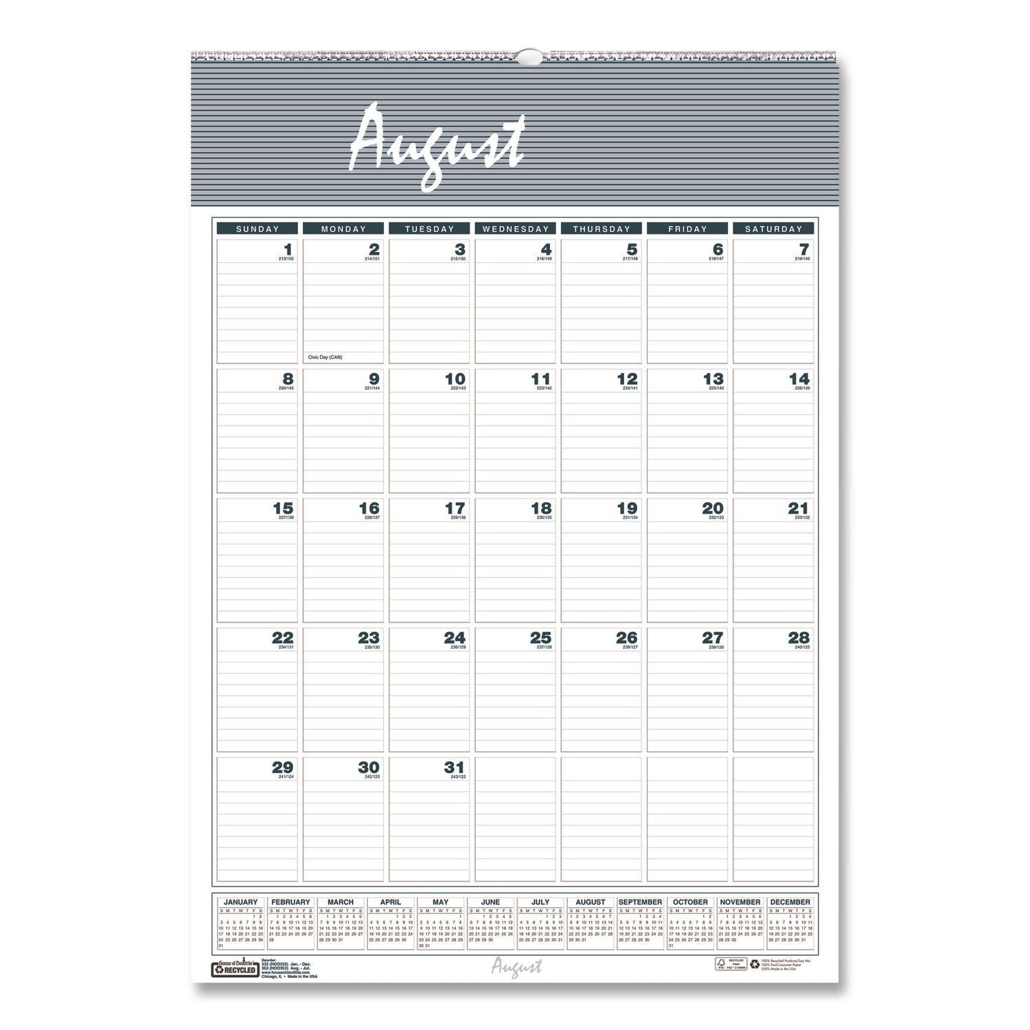 Academic Year Bar Harbor Recycled Wirebound Monthly Wall Calendar, 15.5 x 22, White/Blue Sheets, 12-Month(Aug-July):2023-2024