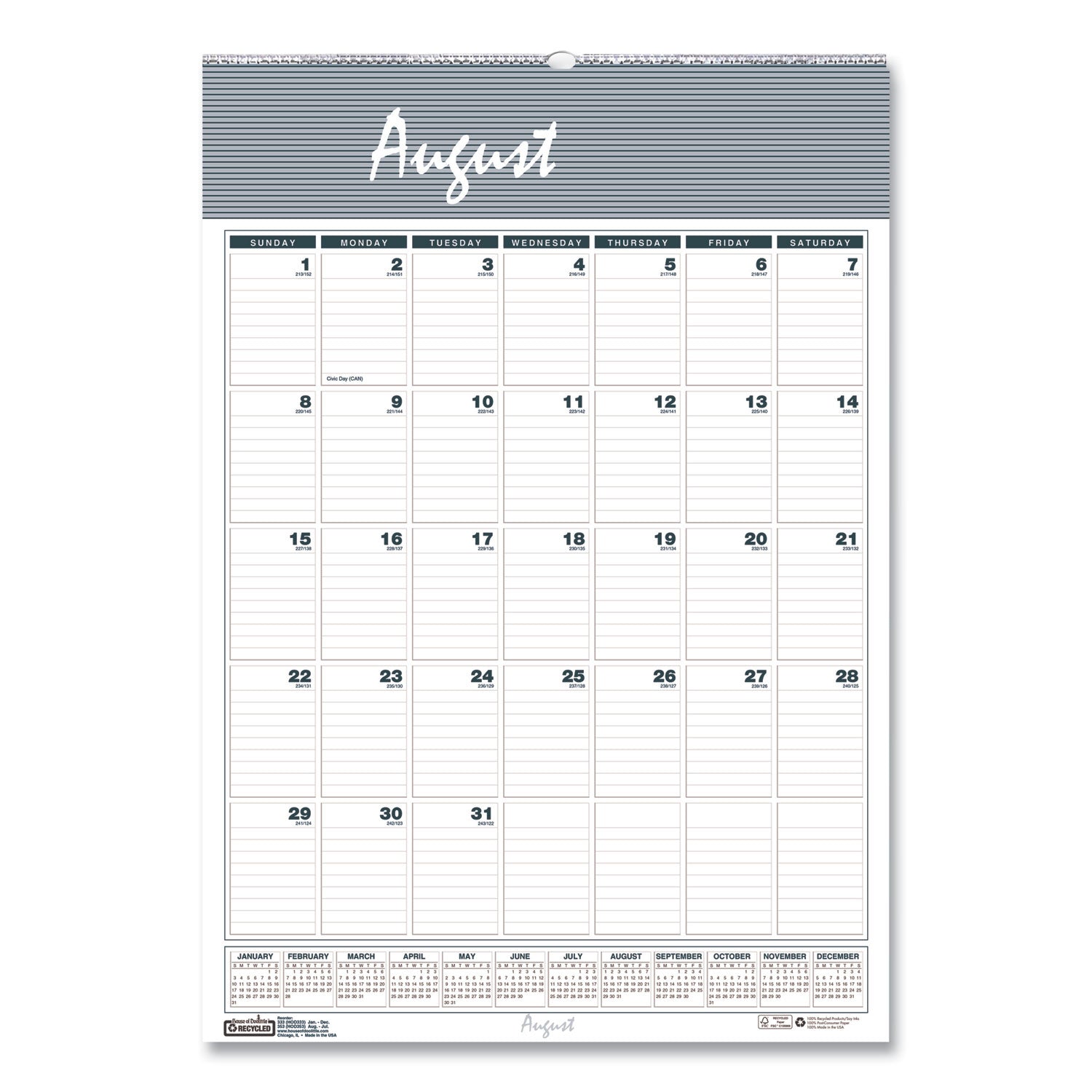 Academic Year Bar Harbor Recycled Wirebound Monthly Wall Calendar, 15.5 x 22, White/Blue Sheets, 12-Month(Aug-July):2023-2024 - 