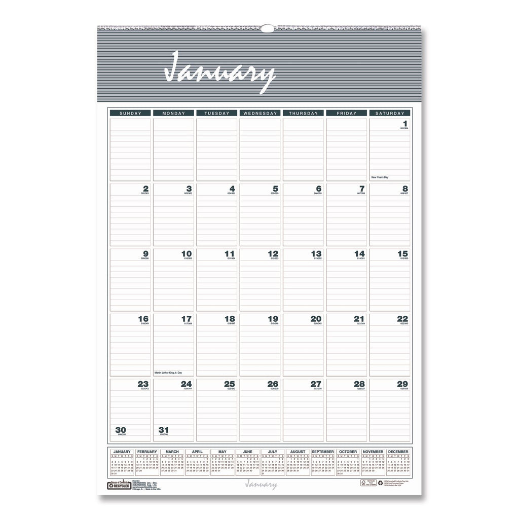 Bar Harbor Recycled Wirebound Monthly Wall Calendar, 15.5 x 22, White/Blue/Gray Sheets, 12-Month (Jan-Dec): 2024