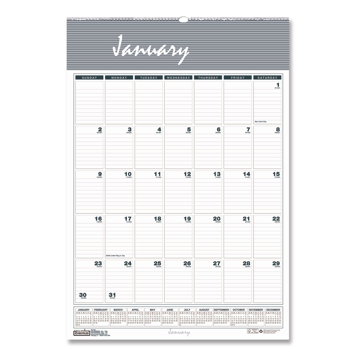 Bar Harbor Recycled Wirebound Monthly Wall Calendar, 15.5 x 22, White/Blue/Gray Sheets, 12-Month (Jan-Dec): 2024