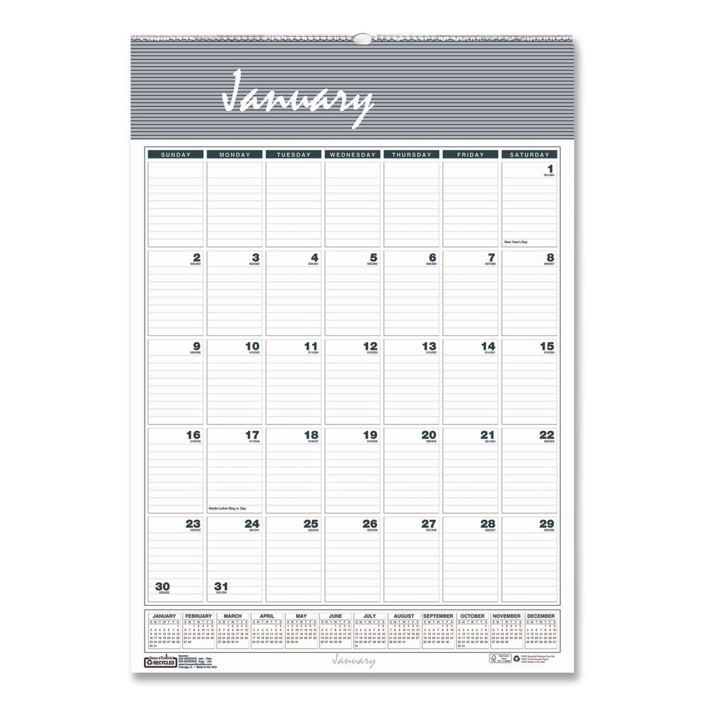 Bar Harbor Recycled Wirebound Monthly Wall Calendar, 22 x 31.25, White/Blue/Gray Sheets, 12-Month (Jan-Dec): 2024