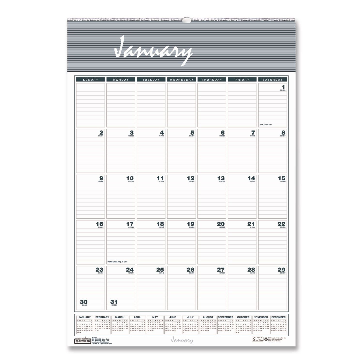 Bar Harbor Recycled Wirebound Monthly Wall Calendar, 22 x 31.25, White/Blue/Gray Sheets, 12-Month (Jan-Dec): 2024