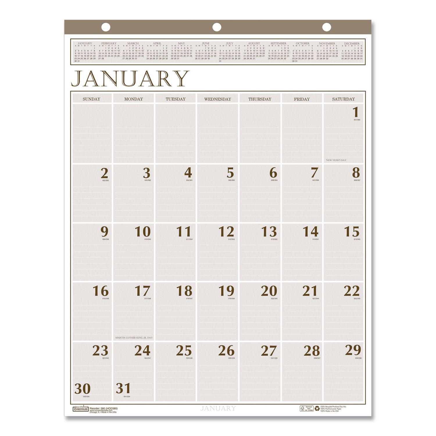 Large Print Recycled Monthly Wall Calendar, 20 x 26, Beige Sheets, 12-Month (Jan to Dec): 2024
