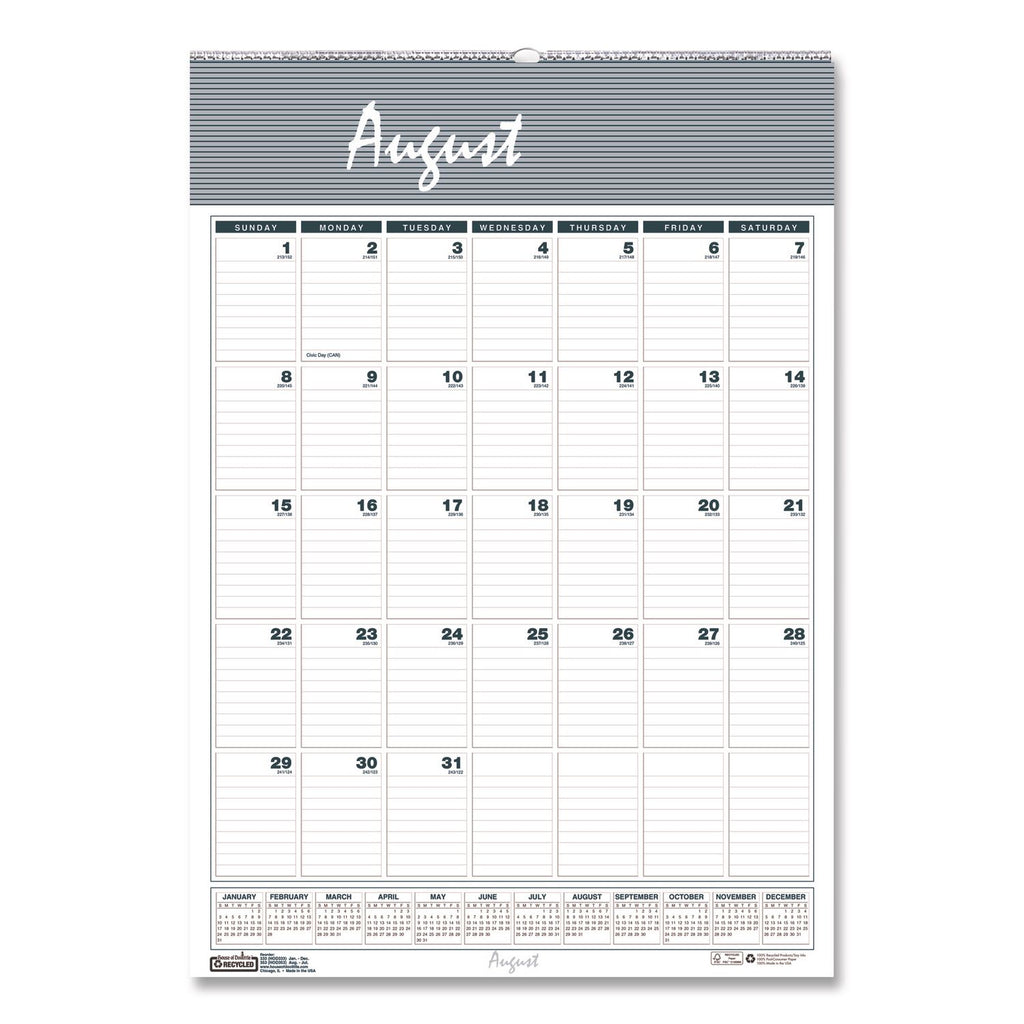 Academic Year Bar Harbor Recycled Wirebound Monthly Wall Calendar, 12 x 17, White/Blue Sheets, 12-Month (Aug-July): 2023-2024