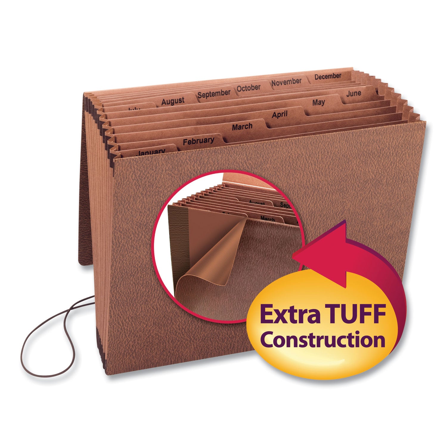 TUFF Expanding Wallet, 12 Sections, Elastic Cord Closure, 1/6-Cut Tabs, Letter Size, Redrope - 