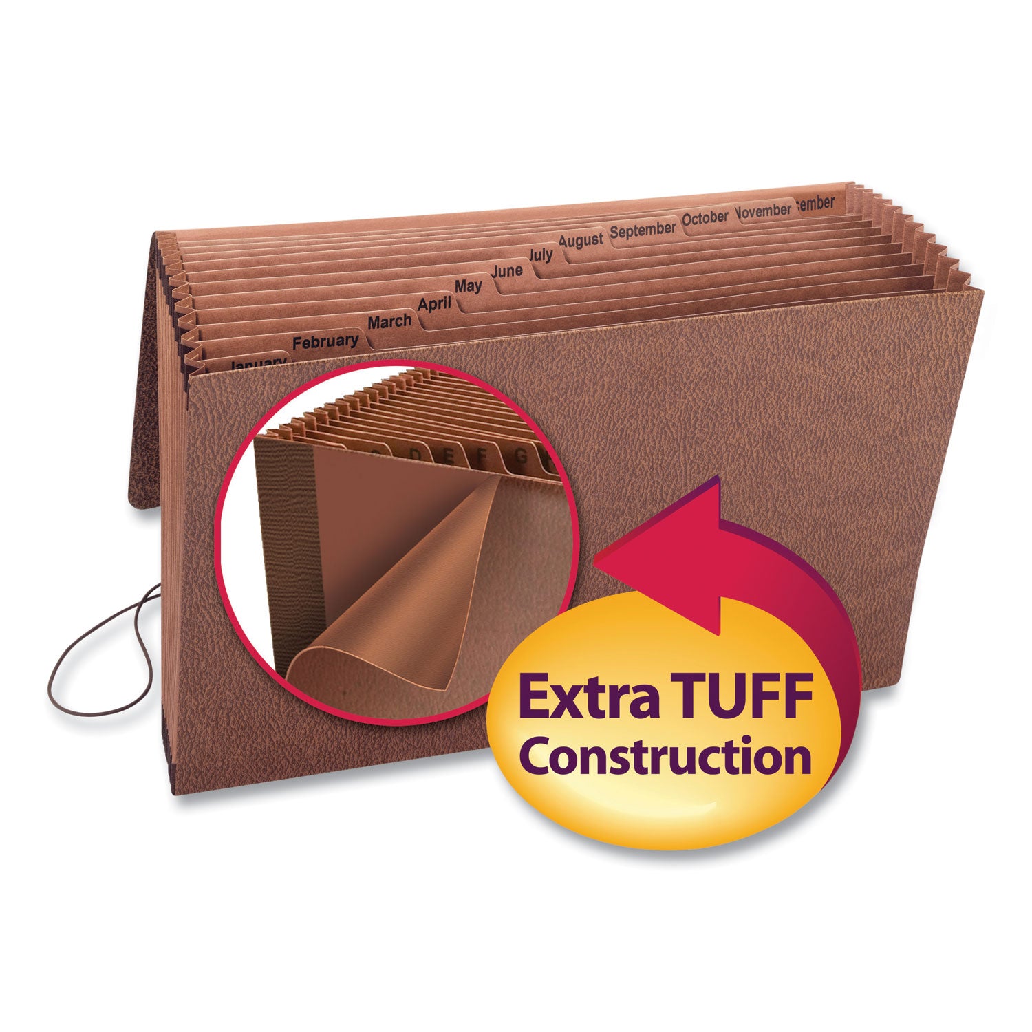 TUFF Expanding Wallet, 12 Sections, Elastic Cord Closure, 1/12-Cut Tabs, Legal Size, Redrope - 
