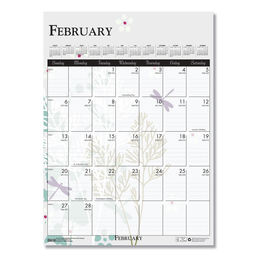 House of Doolittle Wild Flower Monthly Wall Calendar - Large Size - Julian Dates - Monthly - 12 Month - January - December - 1 Month Single Page Layout - Wire Bound - Chipboard - 16.5" Height x 12" Width - Dated Planning Page, Hanging Loop, Durable,