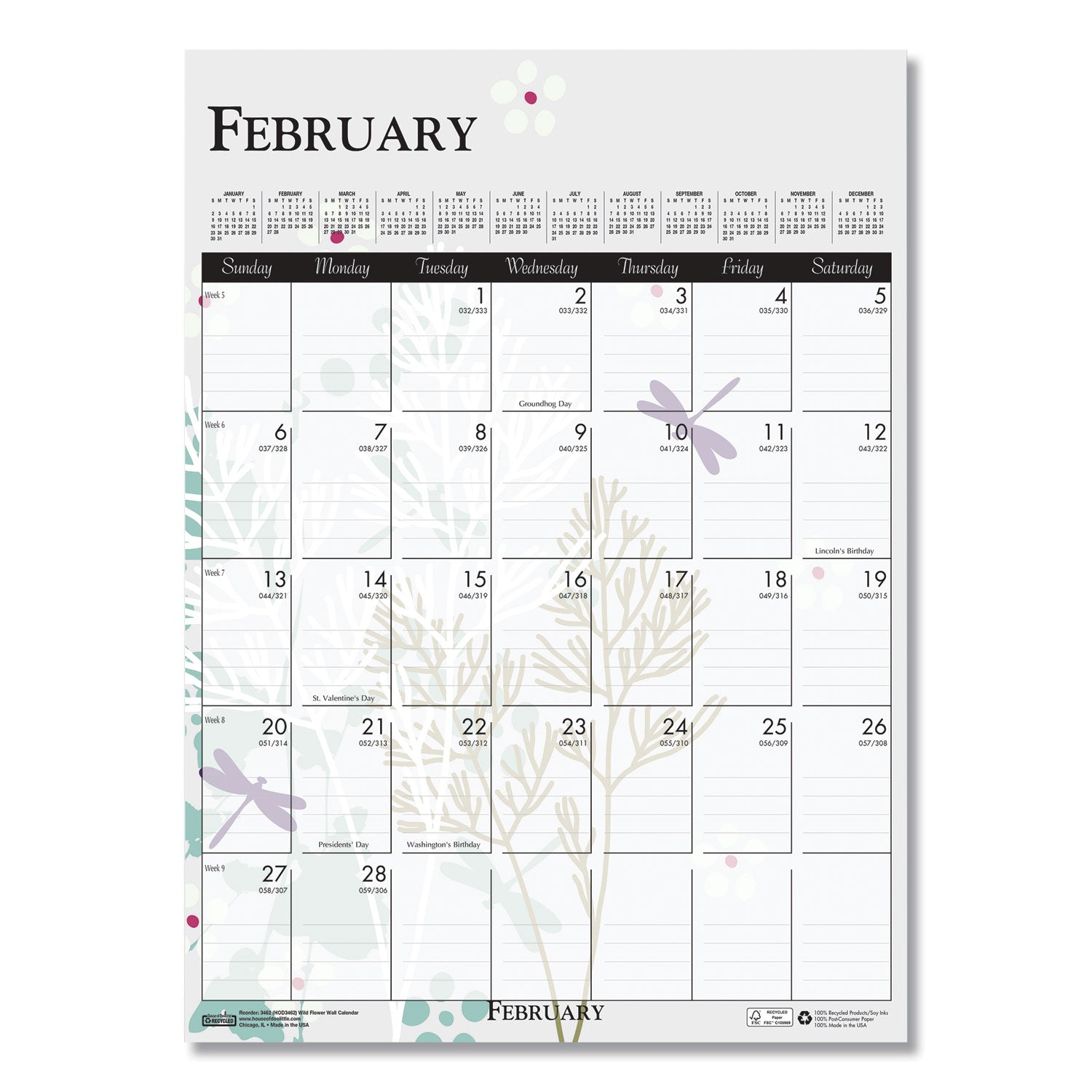 House of Doolittle Wild Flower Monthly Wall Calendar - Large Size - Julian Dates - Monthly - 12 Month - January - December - 1 Month Single Page Layout - Wire Bound - Chipboard - 16.5" Height x 12" Width - Dated Planning Page, Hanging Loop, Durable,