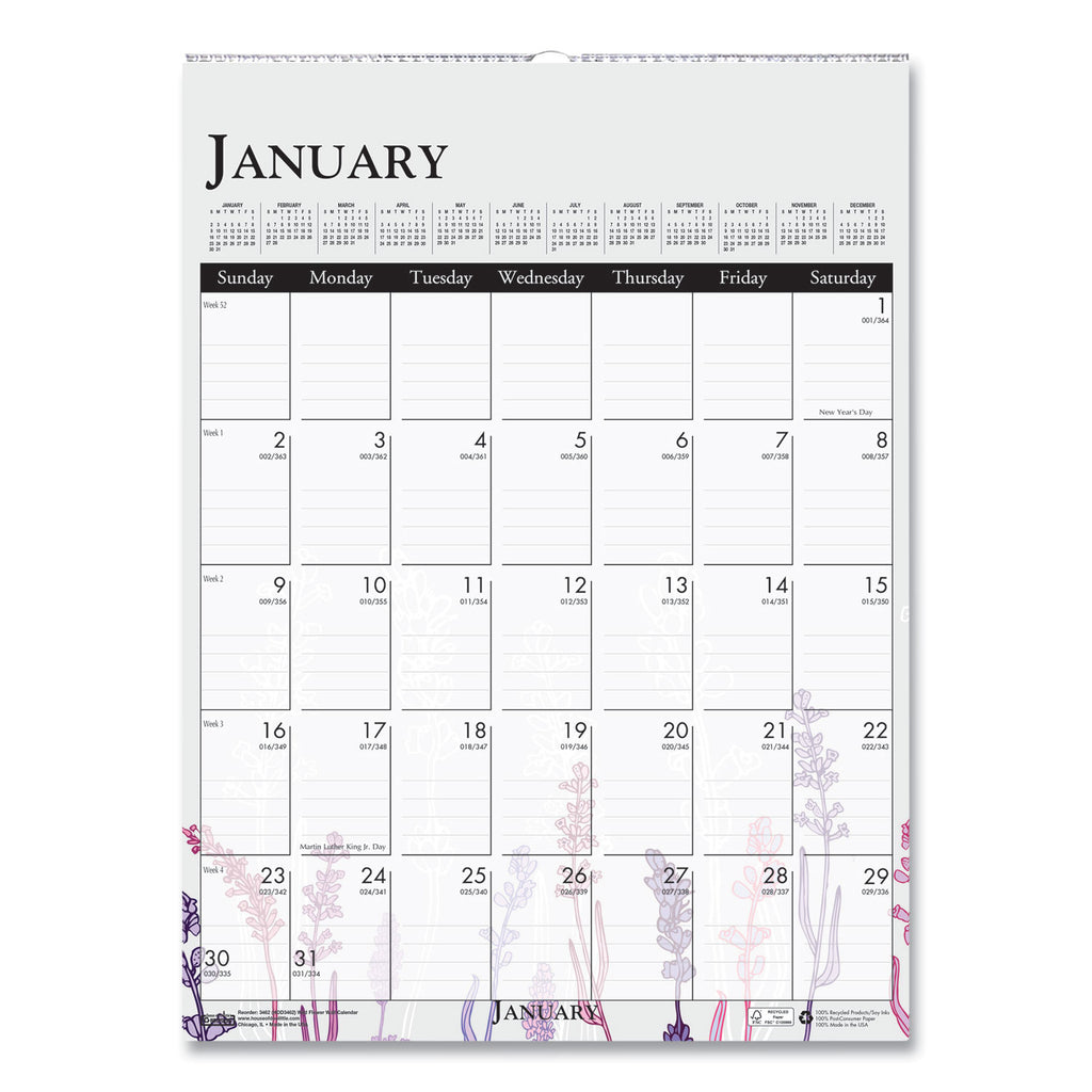 House of Doolittle Wild Flower Monthly Wall Calendar - Large Size - Julian Dates - Monthly - 12 Month - January - December - 1 Month Single Page Layout - Wire Bound - Chipboard - 16.5" Height x 12" Width - Dated Planning Page, Hanging Loop, Durable,