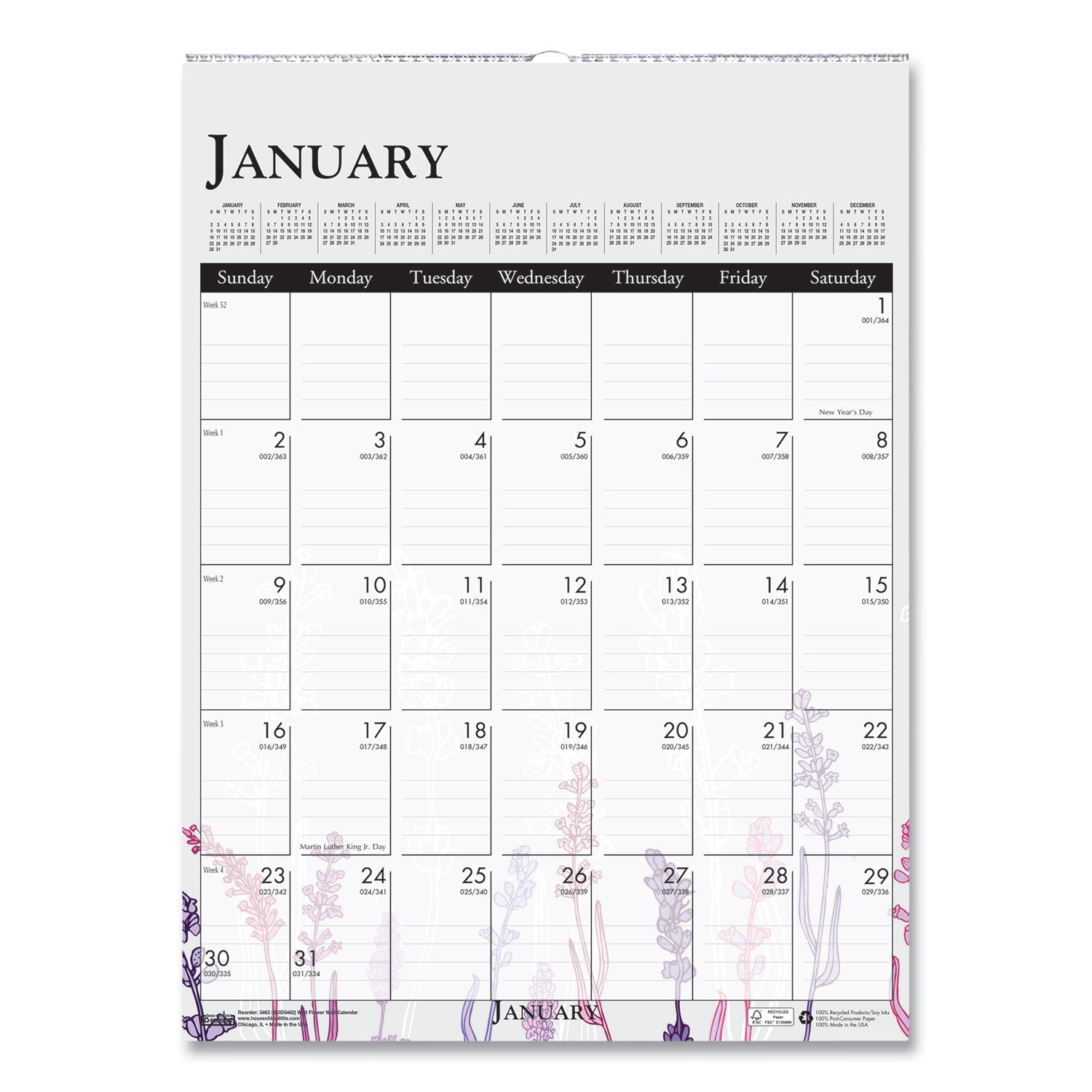 House of Doolittle Wild Flower Monthly Wall Calendar - Large Size - Julian Dates - Monthly - 12 Month - January - December - 1 Month Single Page Layout - Wire Bound - Chipboard - 16.5" Height x 12" Width - Dated Planning Page, Hanging Loop, Durable,