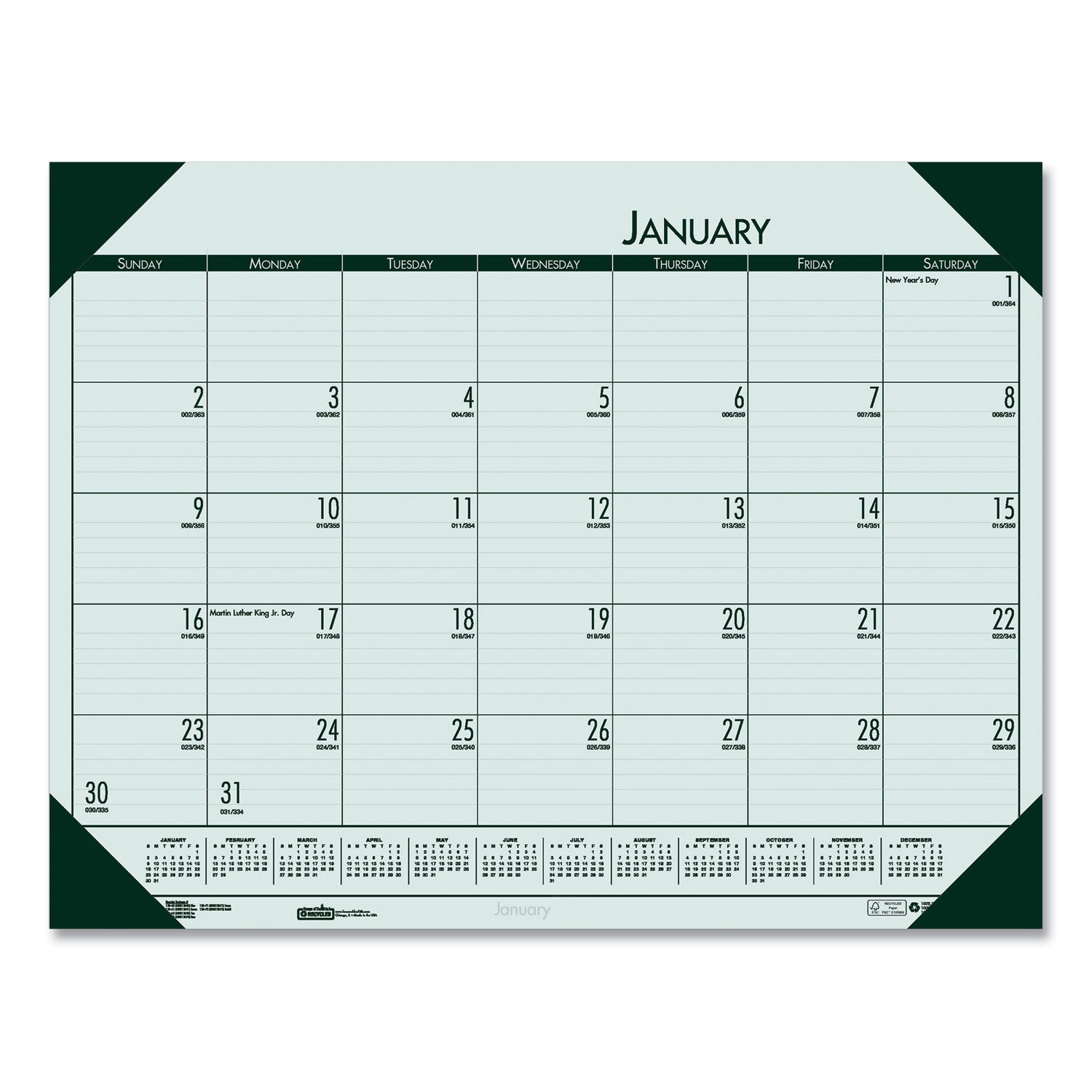 EcoTones Recycled Monthly Desk Pad Calendar, 22 x 17, Green-Tint/Woodland Green Sheets/Corners, 12-Month (Jan to Dec): 2024 - 