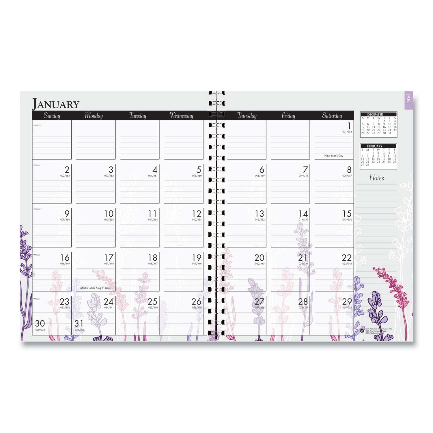 House of Doolittle Wild Flower Weekly/Monthly Planner - Julian Dates - Monthly, Weekly - 12 Month - January - December - 1 Week, 1 Month Double Page Layout - Spiral Bound - Multi, Silver - Paper - 9" Height x 7" Width - Dated Planning Page, Notes Are - 2