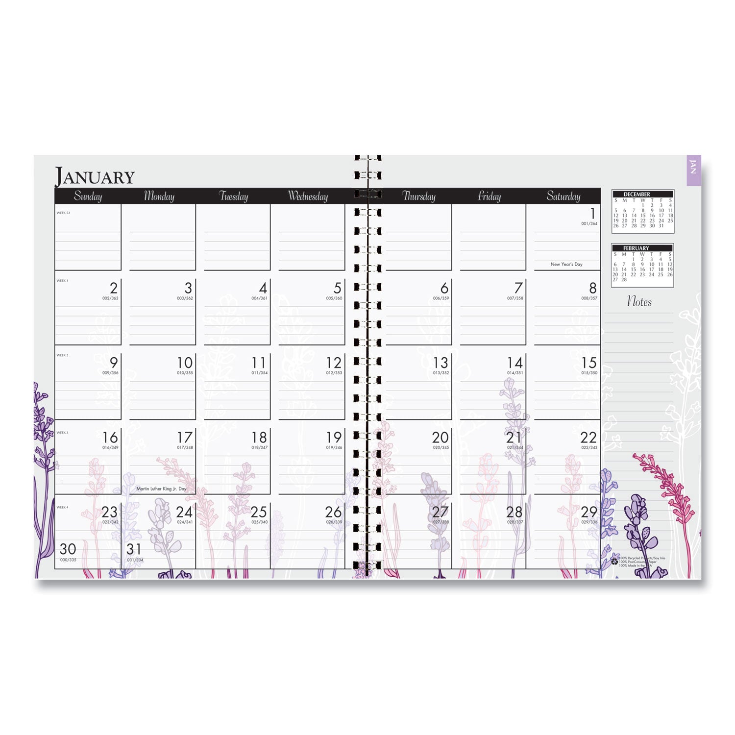 House of Doolittle Wild Flower Weekly/Monthly Planner - Julian Dates - Monthly, Weekly - 12 Month - January - December - 1 Week, 1 Month Double Page Layout - Spiral Bound - Multi, Silver - Paper - 9" Height x 7" Width - Dated Planning Page, Notes Are