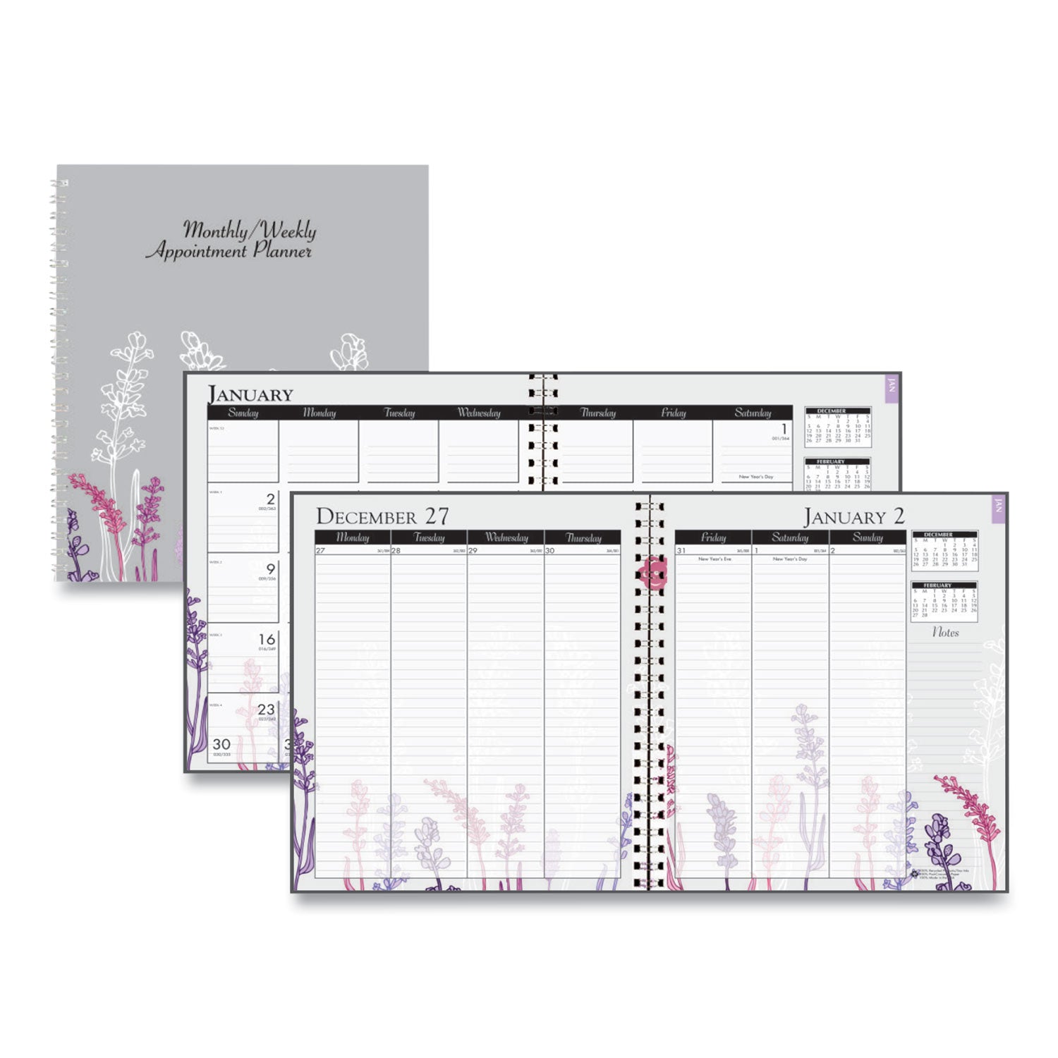 House of Doolittle Wild Flower Weekly/Monthly Planner - Julian Dates - Monthly, Weekly - 12 Month - January - December - 1 Week, 1 Month Double Page Layout - Spiral Bound - Multi, Silver - Paper - 9" Height x 7" Width - Dated Planning Page, Notes Are